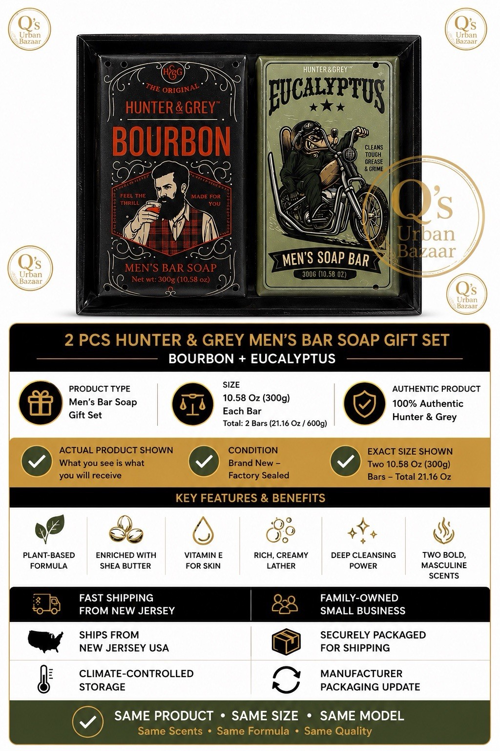 Hunter & Grey Men’s Bar Soap Gift Set Bourbon & Eucalyptus 2 Pack 10.58 Oz