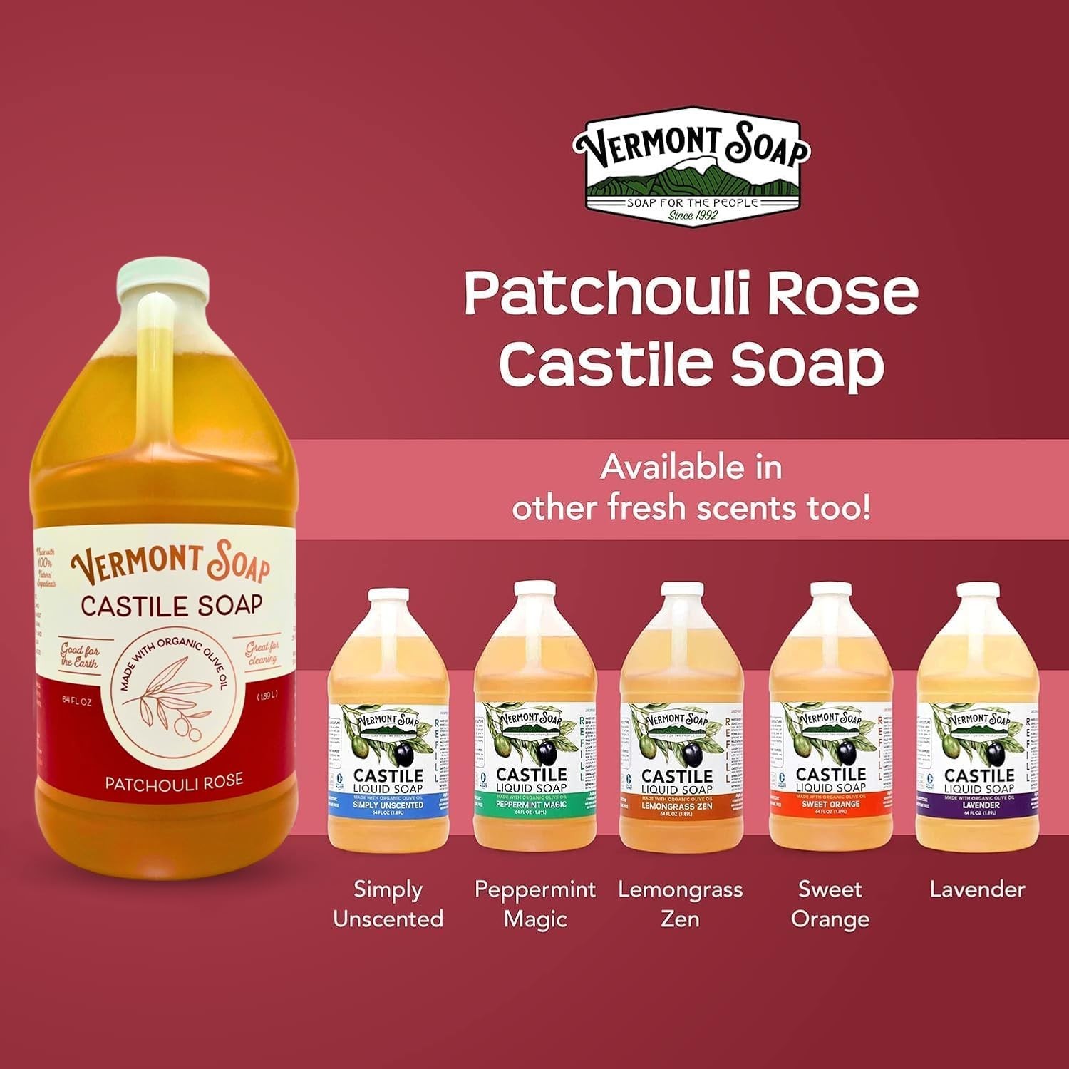 Organic Castile Body Wash & Shampoo – Patchouli Rose, 64 Oz