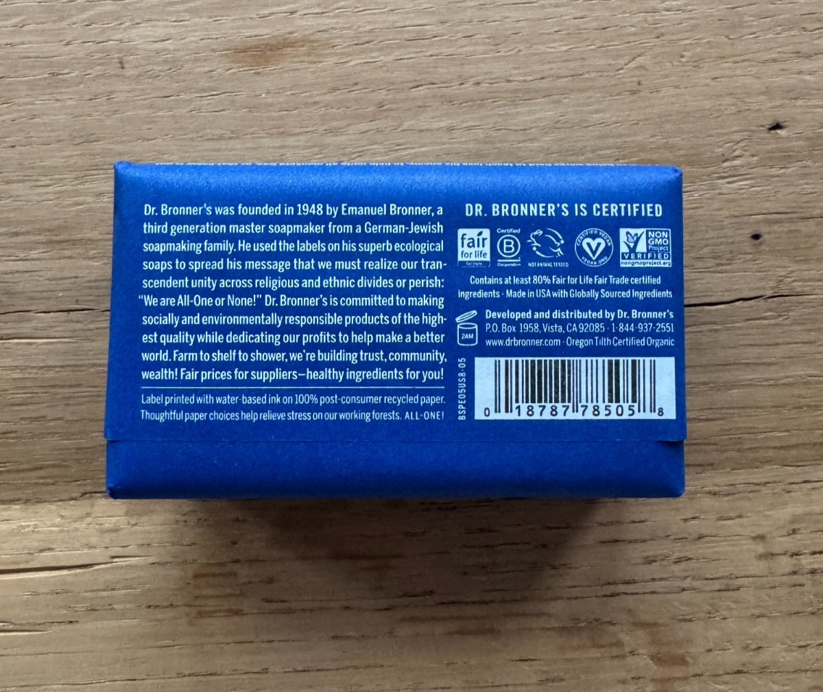 Dr. Bronner’s Organic All-One Pure-Castile Bar Soap, Peppermint – 5oz