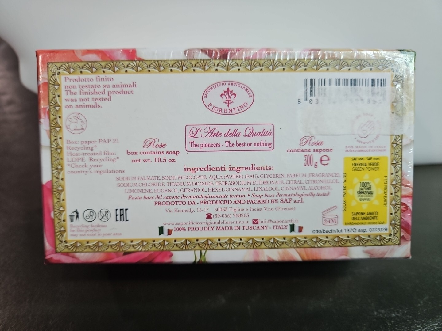 Saponificio Artigianale Fiorentino ROSA Soap, 300g ,10.5 Oz Made In Italy (A)