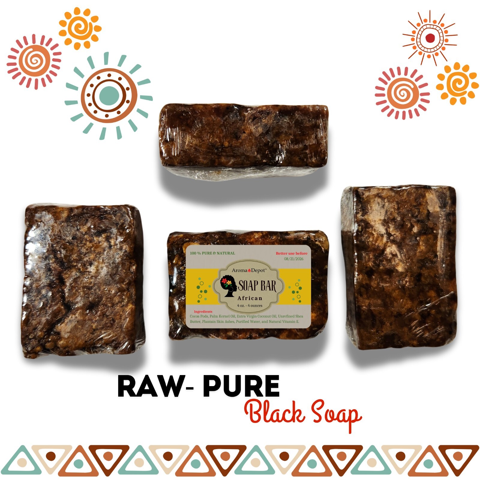Raw African Black Soap 8 oz. Unrefined Organic Natural Skin Body Hair Face Wash