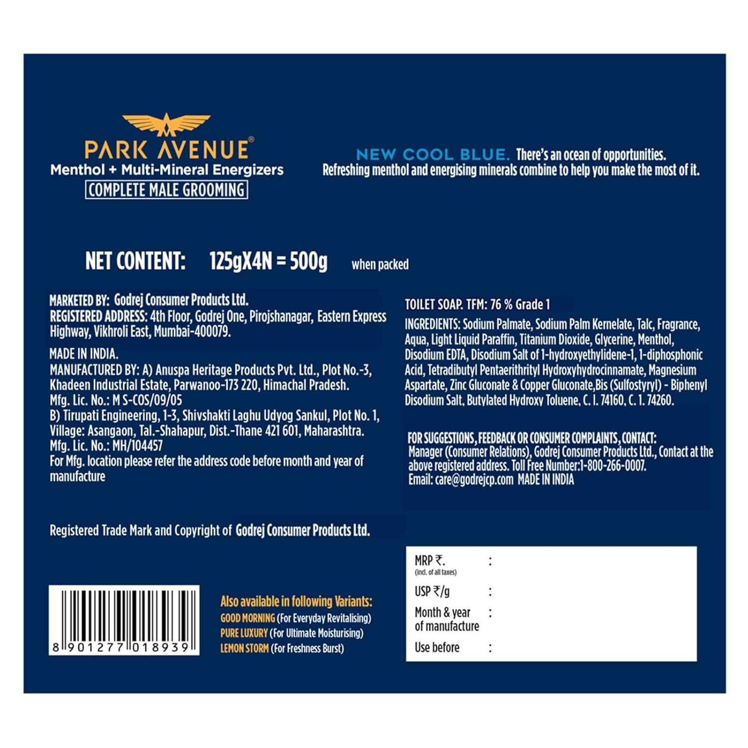 Park Avenue Men’s Cool Blue Soap 125g Pack of 4 Premium Grade 1 Bath Soap