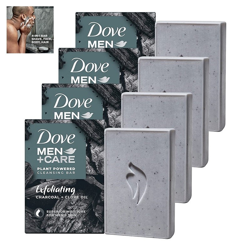 DOVE Mens Charcoal Soap Bar Clove Oil Exfoliating Body Face Hair Shave 5oz 4 Ct.