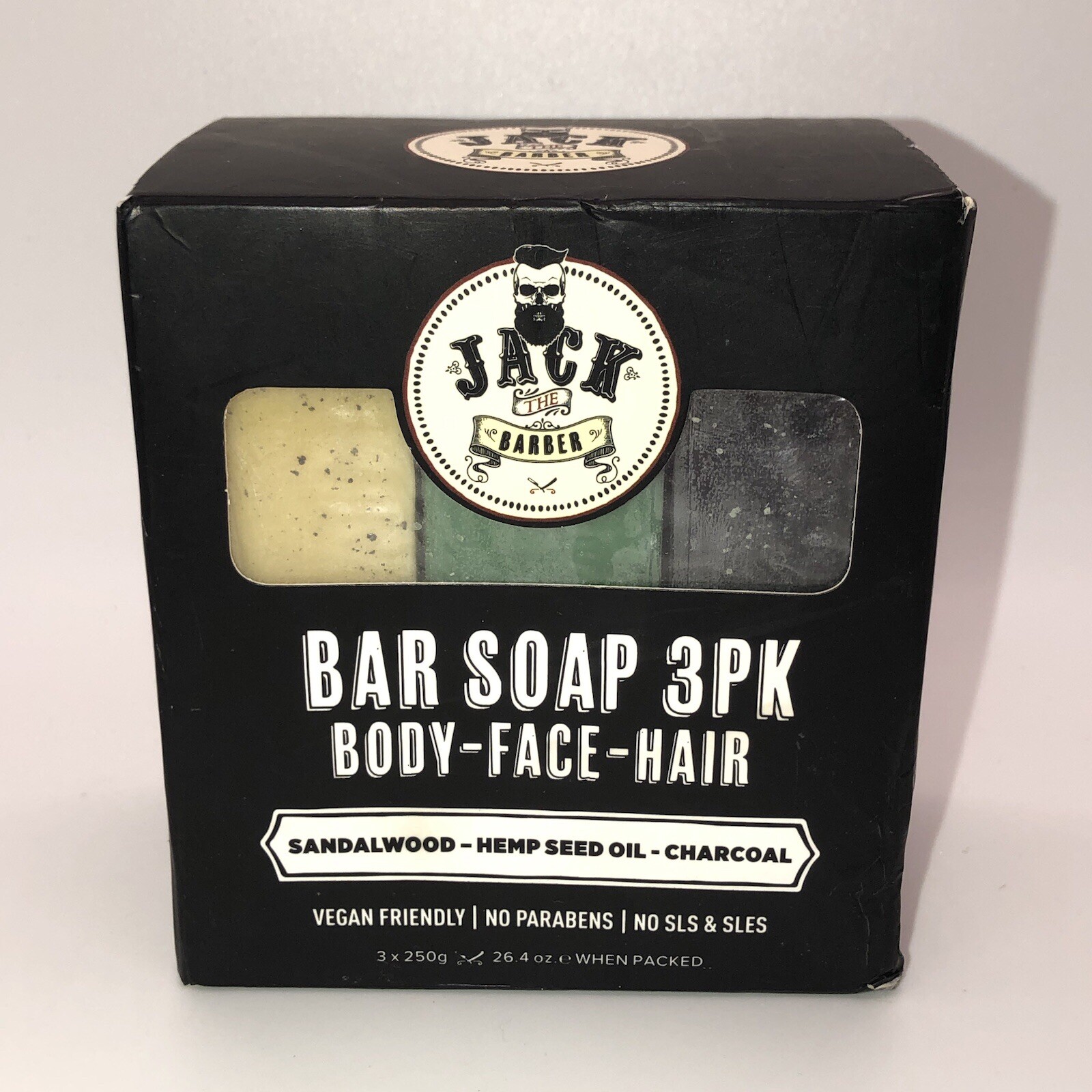 Jack The Barber Soap 3 Pack Body Face Hair Sandalwood Hemp Seed Oil Charcoal