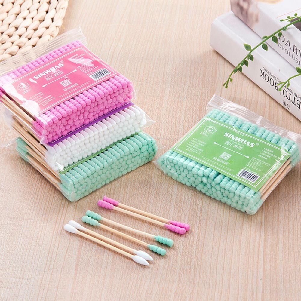 100PCS Cotton Swabs Swab Applicator Q-tips Double Tip Wooden Sticks Ear Clean