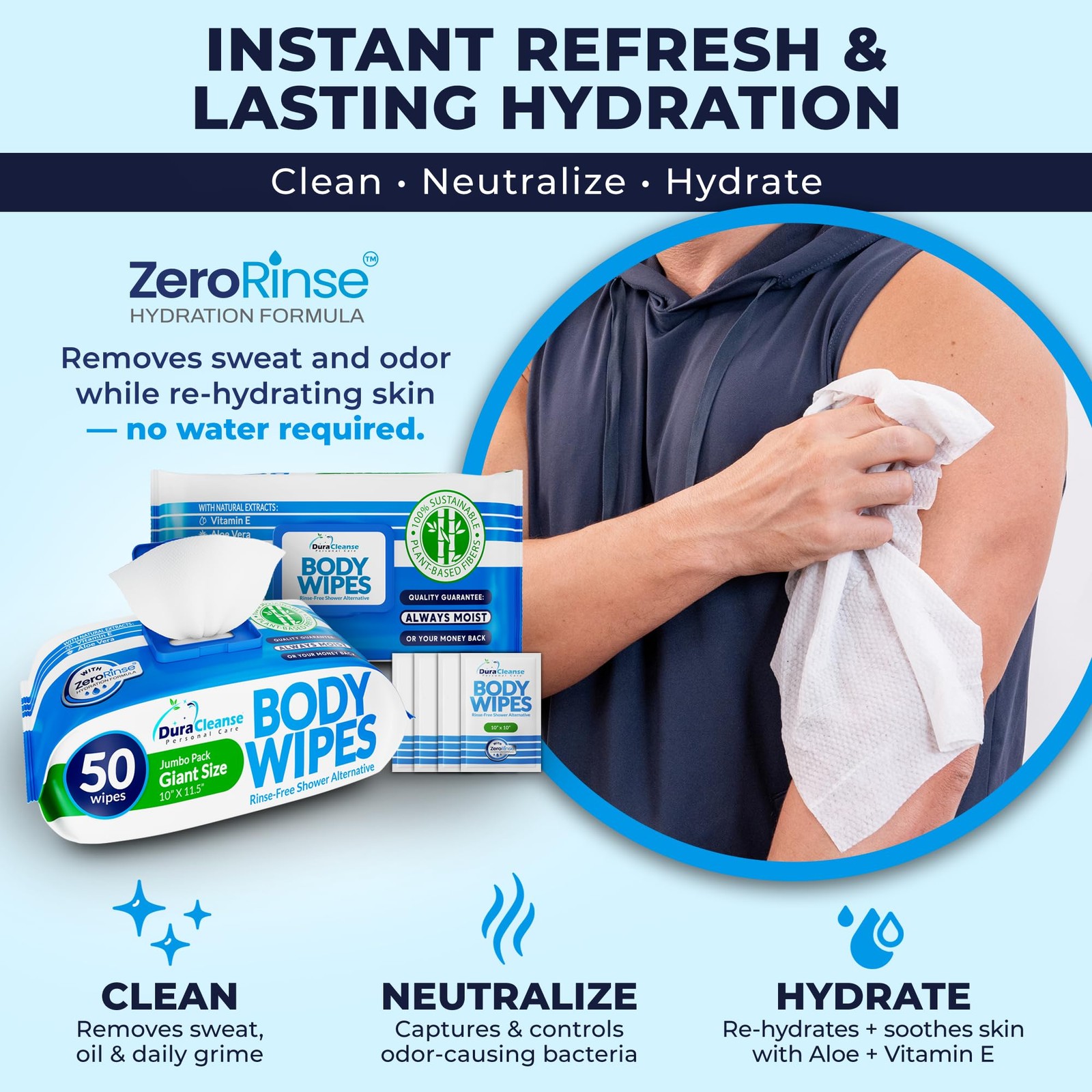 Body Wipes No Rinse Disposable for Adults 50 Ct + 4 Travel 10 x 11.5″