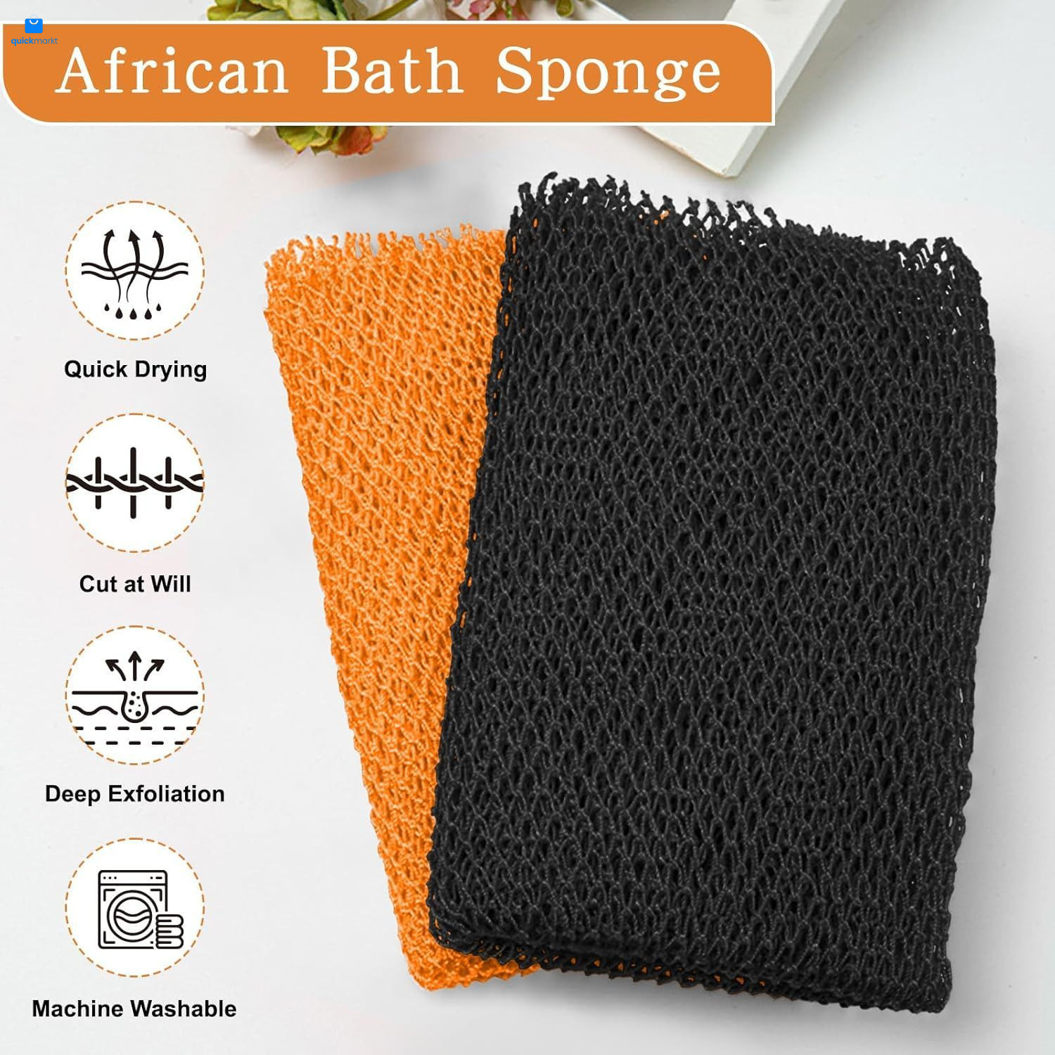 2 Pieces Authentic African Net Sponge, Long Nylon Exfoliating Black, Orange