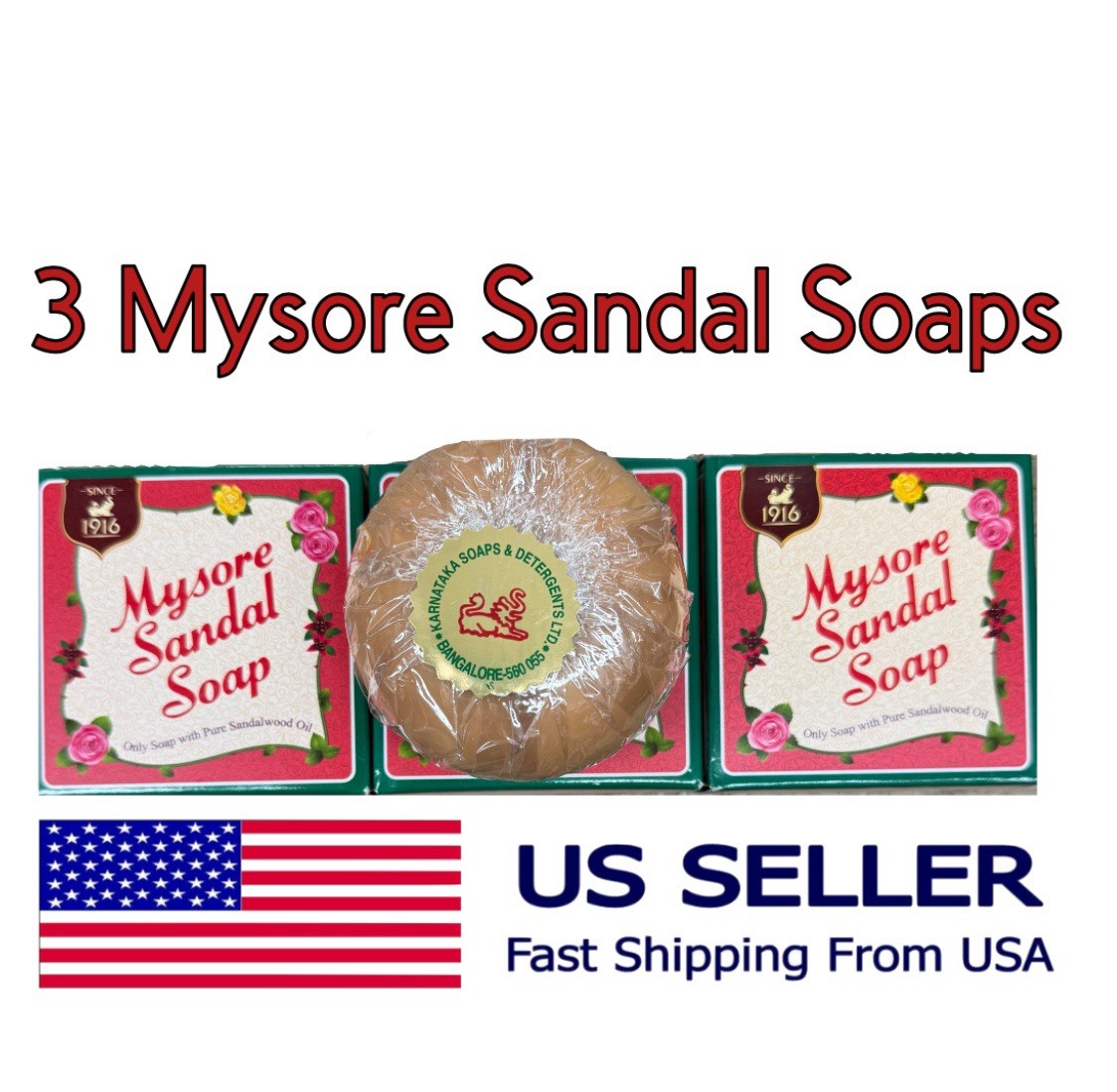 3 Pc Mysore Sandal Soap with Pure Sandalwood Oil 150g