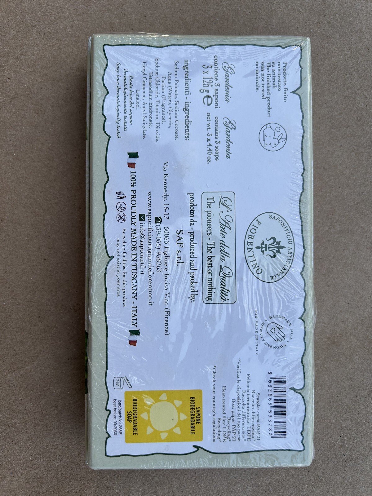 Saponificio Artigianale Gardenia Scented Soaps 3 x 4.40 oz New Tuscany -Italy