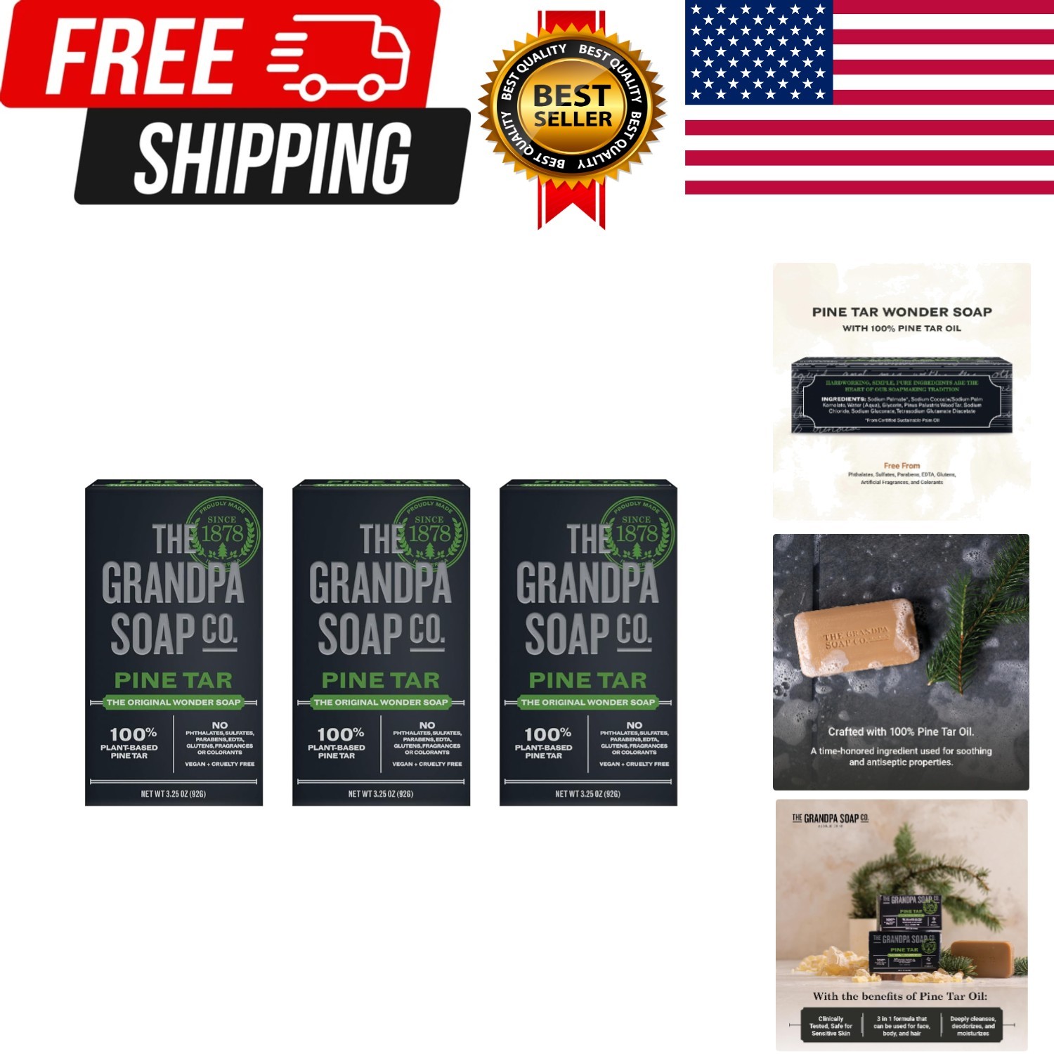 Pine Tar Bar Soap for Men- Made With Pine Tar Oil, 3 in 1 Cleanser Deodorizer…