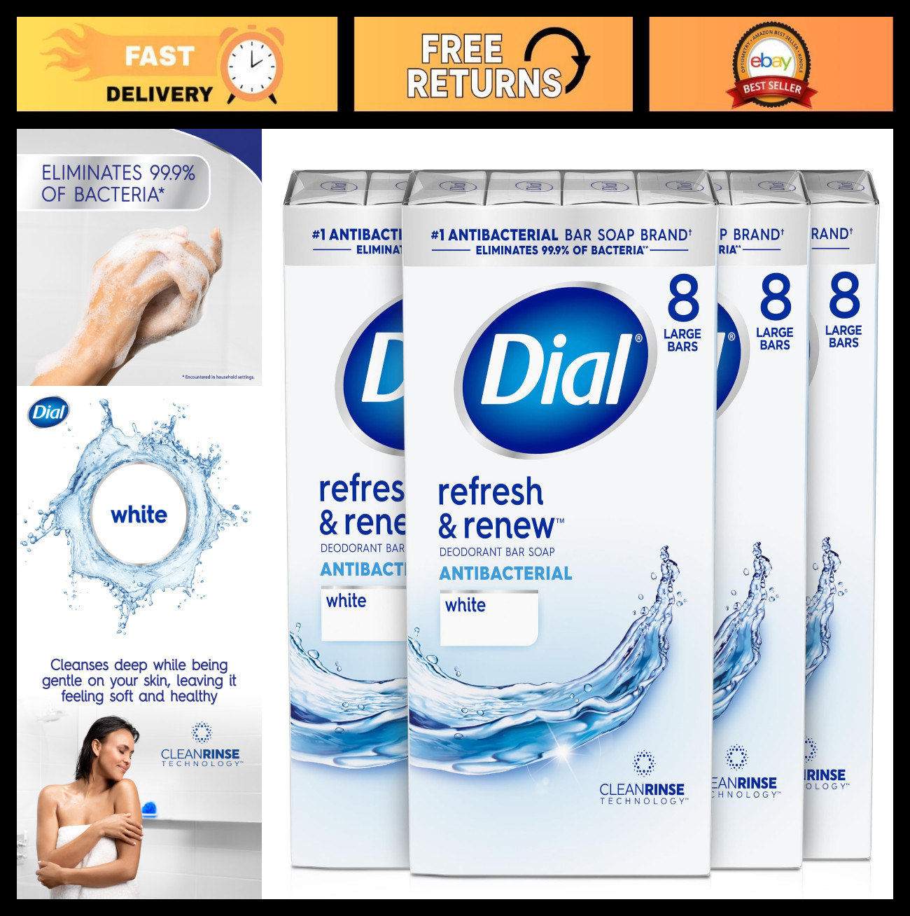Antibacterial Bar Soap – Refresh & Renew, 4 oz, 32 Bars, Skin Cleansing, Moistur