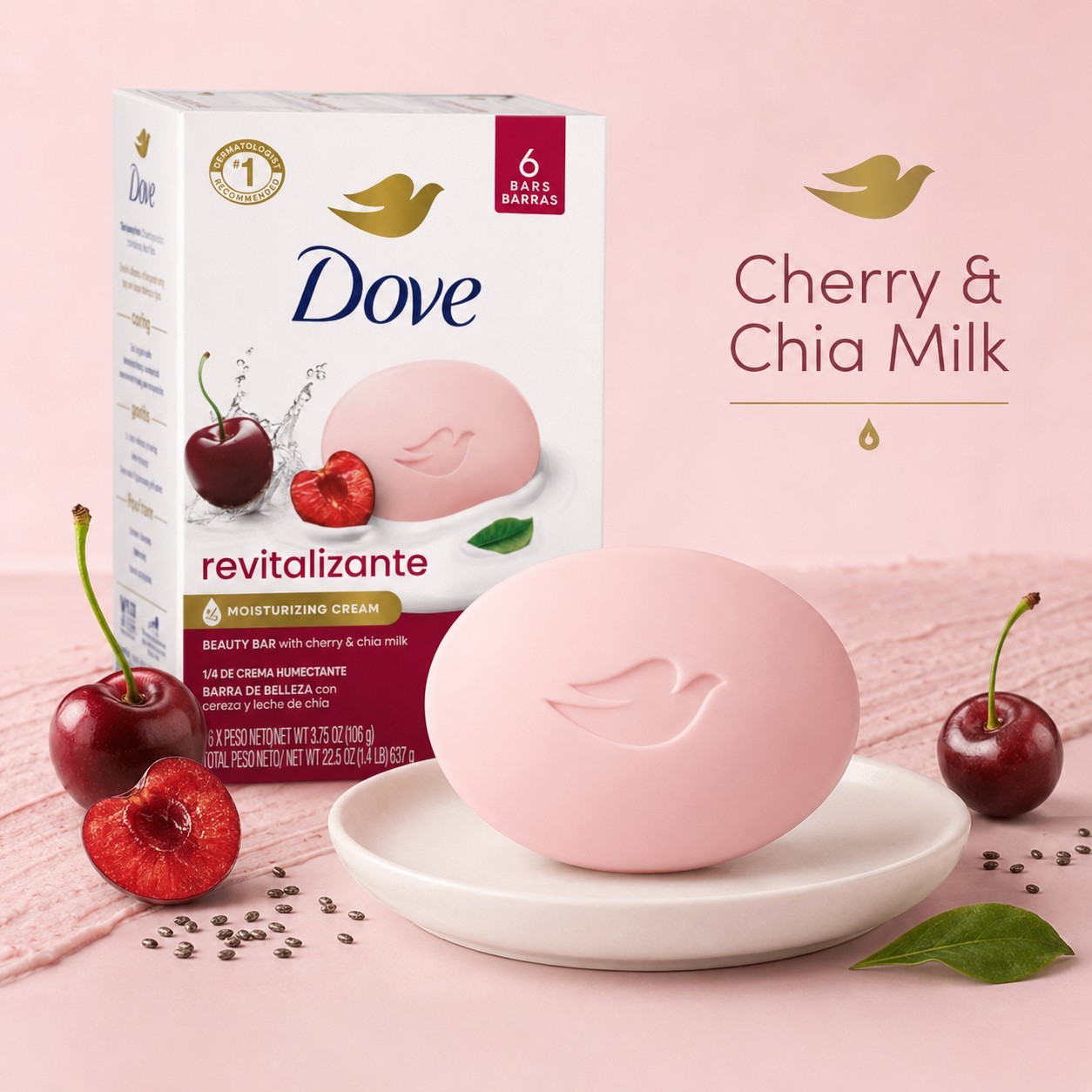 2x 6 Dove Revitalizante Moisturizing Beauty Bar Soap Cherry & Chia Milk 3.75 oz