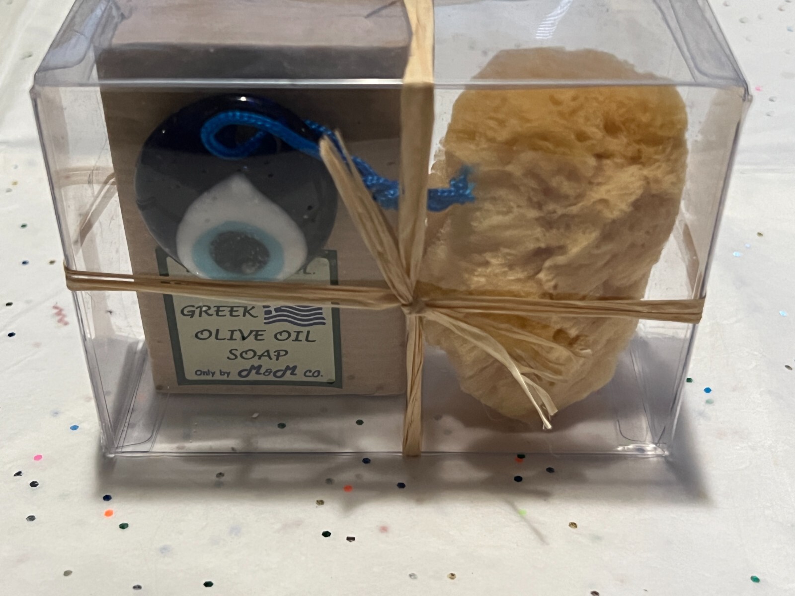 3PC Set Pure Greek Handmade Olive Oil Soap, Loaf Sponge & Glass Evil Eye