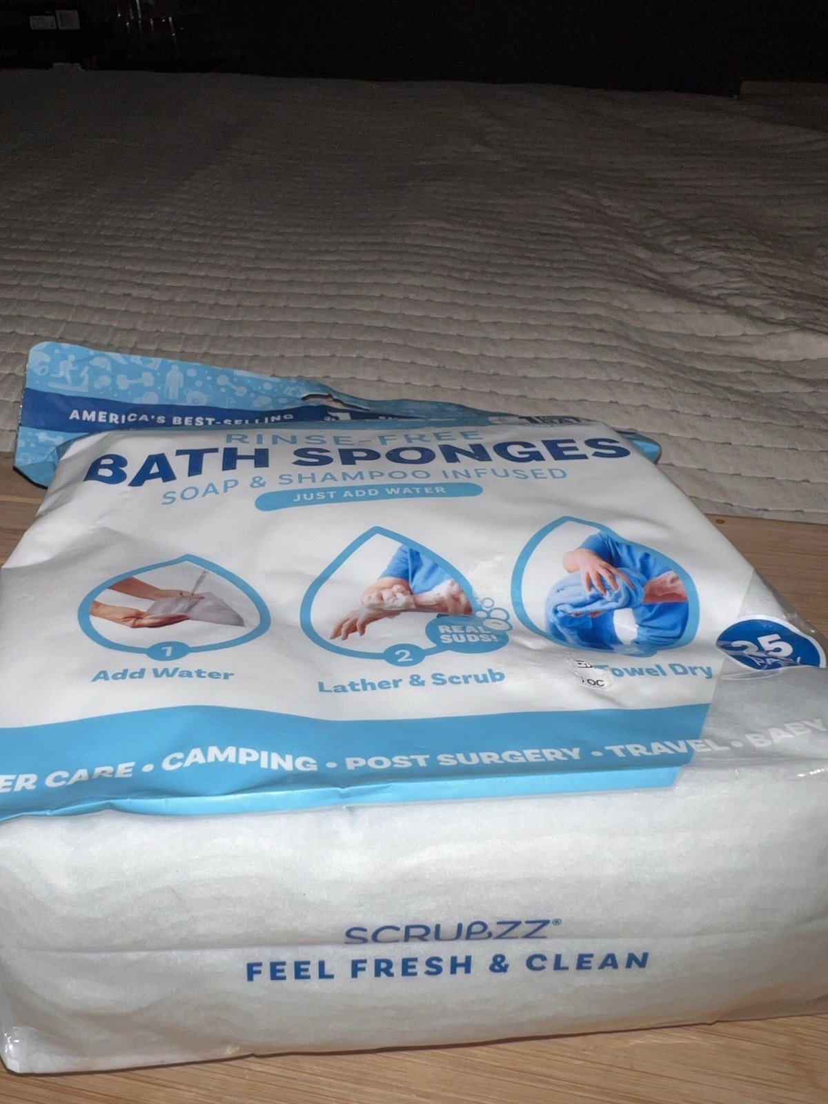 SCRUBZZ DISPOSABLE RINSE FREE TOTAL BODY BATH SPONGES 25 PACK – UNOPENED