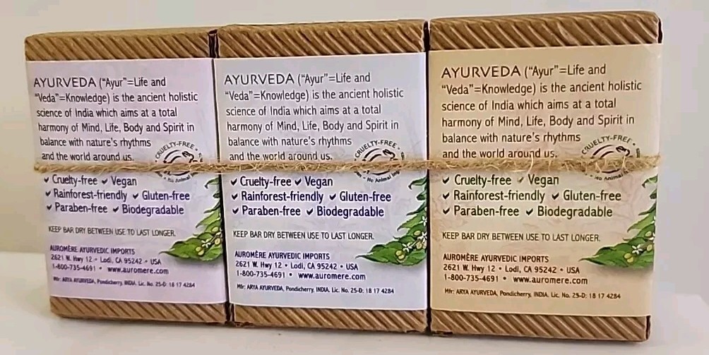 AUROMERE 3 Bar Soap Set SANDAL-TURMERIC LAVENDER-NEEM HIMALAYAN ROSE 2.75oz each