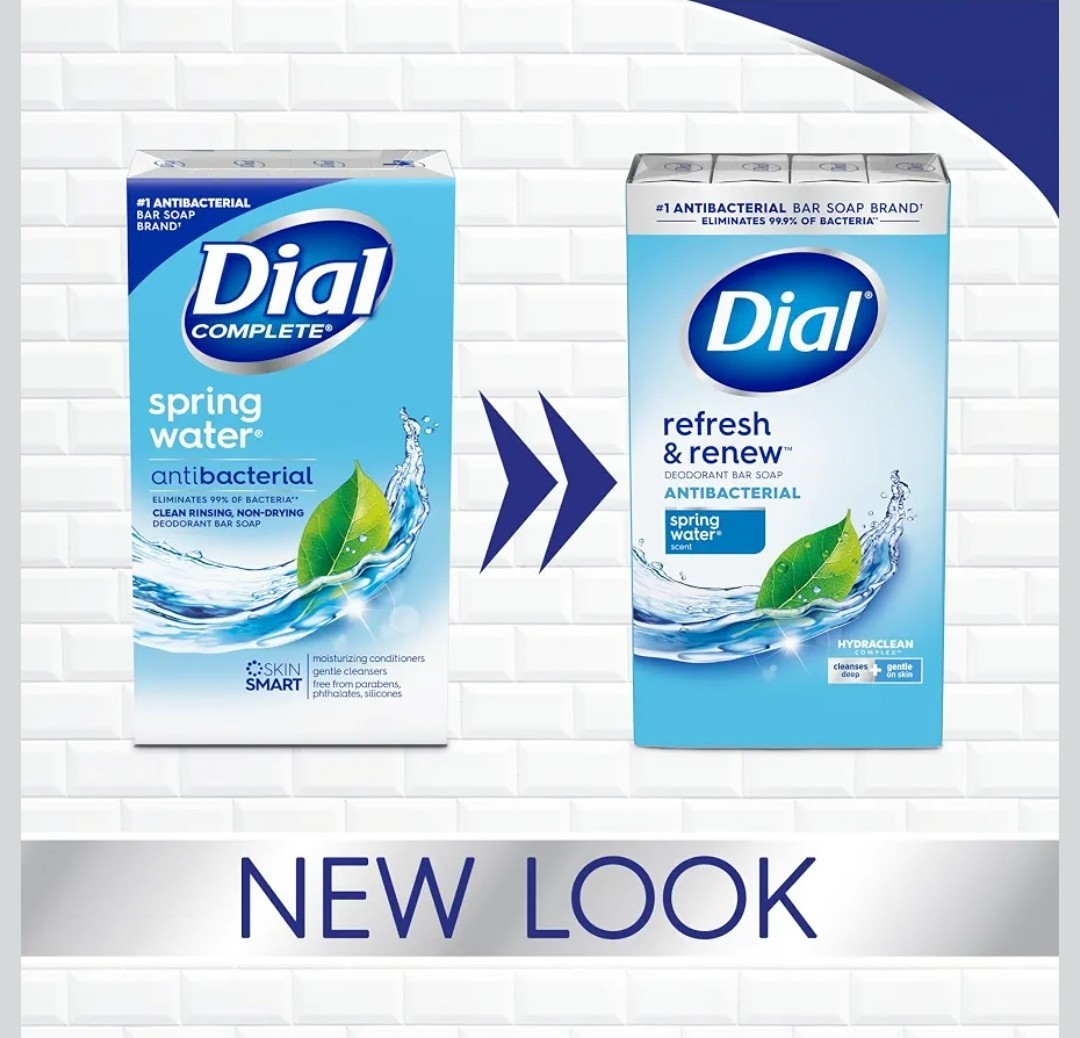 Dial Antibacterial Bar Soap, Refresh & Renew, Spring Water, 4 oz, 8 Bars