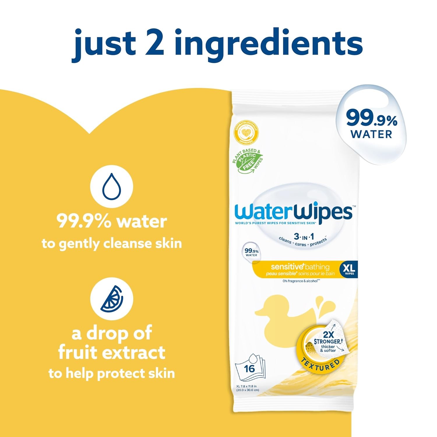 WaterWipes Sensitive+ Bathing Wipes, 3-In-1 Cleans, 16 Count (Pack of 1)