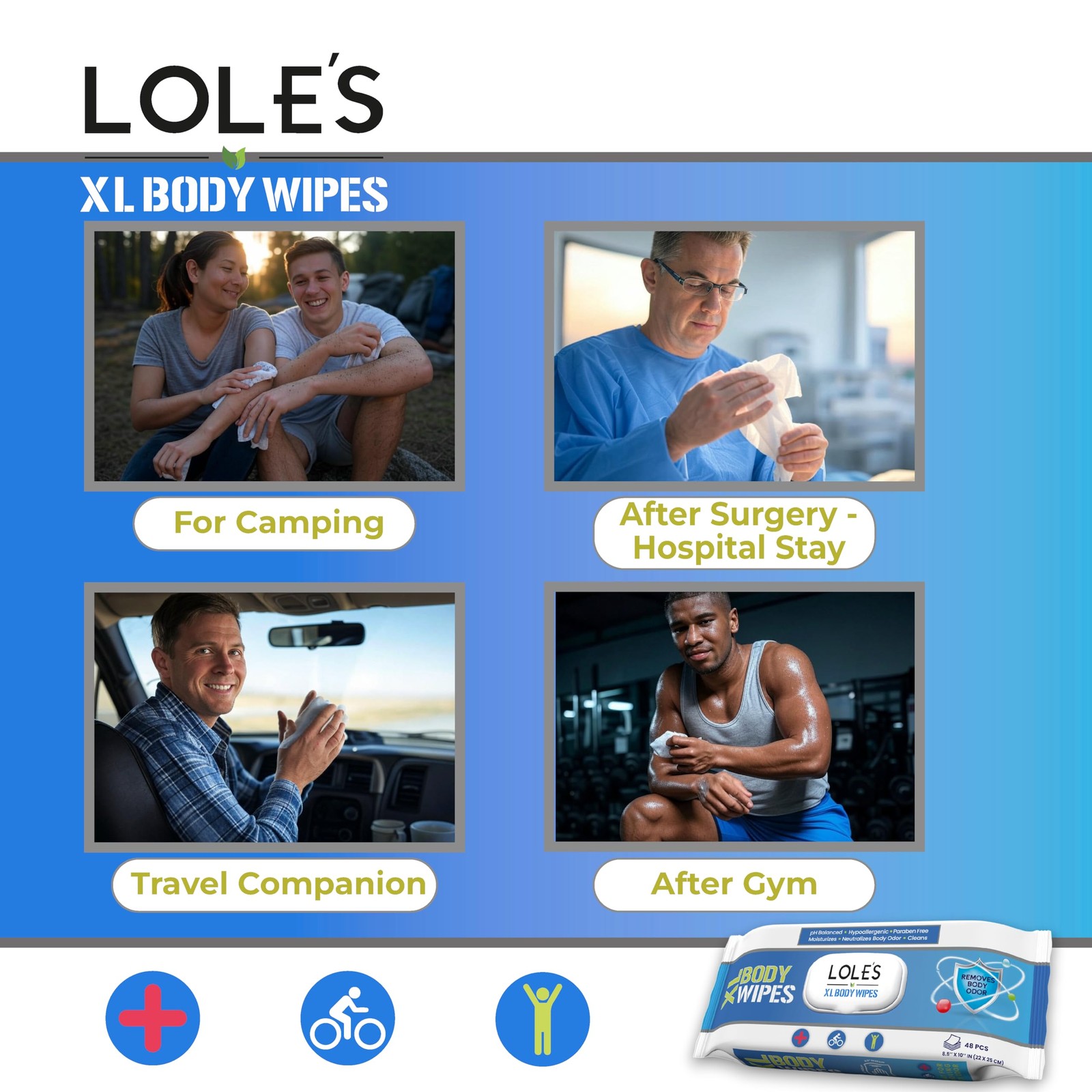 LOLE’S Body Wipes for Adults Bathing No Rinse XL – Bath Wipe for Adult – 96