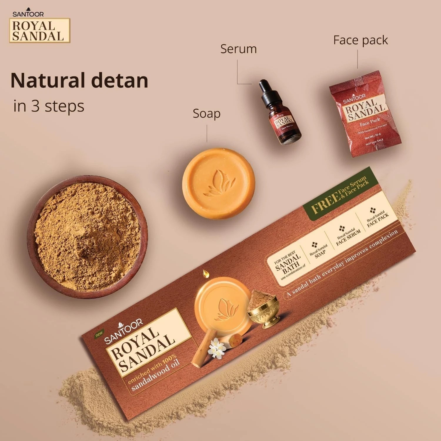 Santoor Royal Sandal Detan Pack 3 Soaps + Free Serum + Free Face Pack v353
