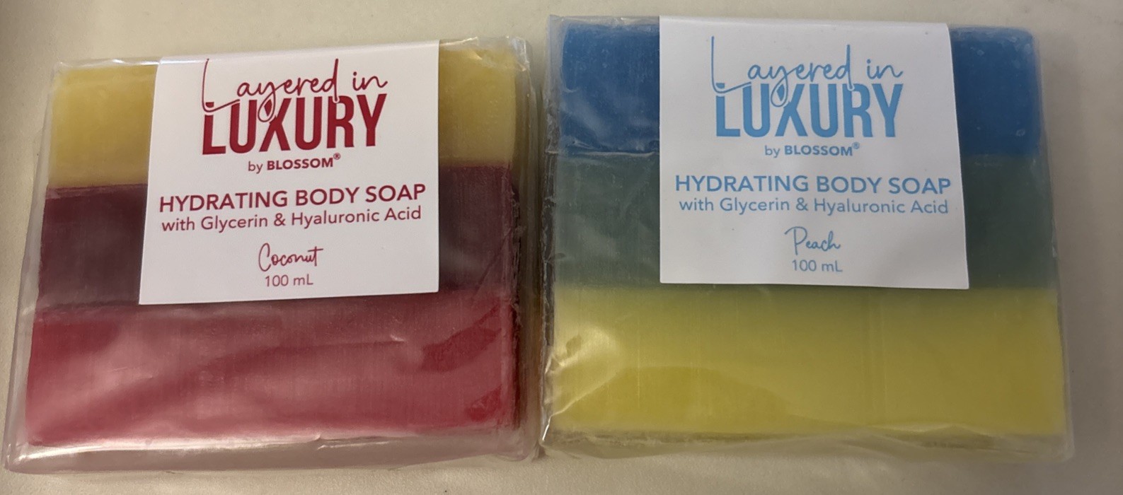 2 X Blossom Layered in Luxury Hydrating Body Soap Bars COCONUT + PEACH 100 ml