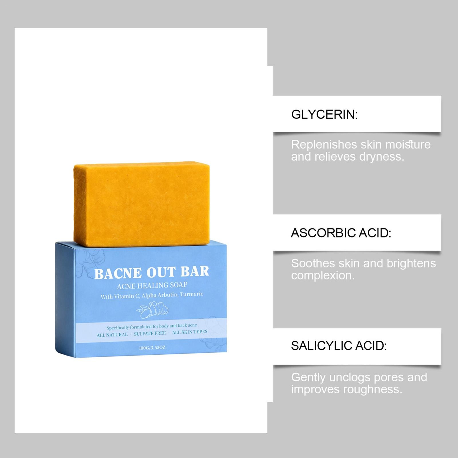 Bacne Out Bar, Acne Healing Soap with Turmeric Vitamin C& Alphaarbutin