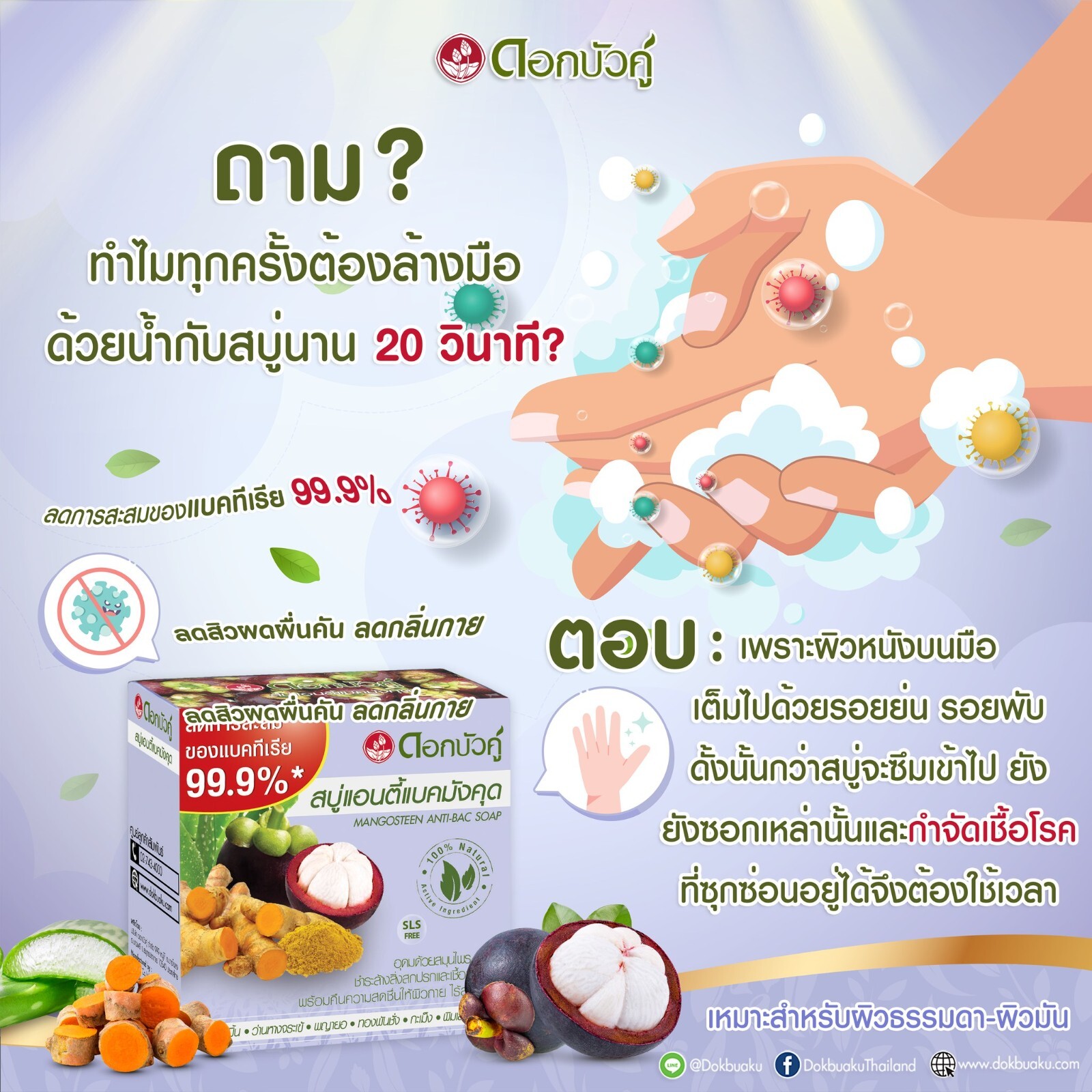 Dok Bua Ku Mangosteen Antibacterial Bar Soap Deep Cleansing Skin 70g 4x