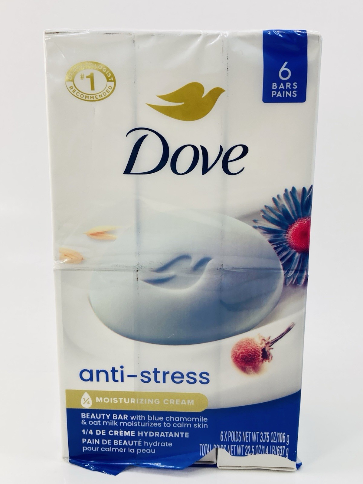 Dove Anti-Stress Beauty Bar Soap 6 Pack Blue Chamomile Oat Milk Moisturizing