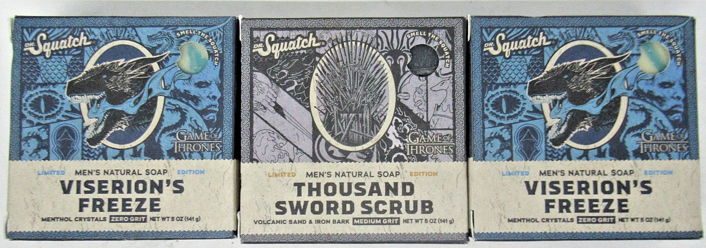 3x Dr. Squatch Bar Soap Game Of Thrones Edition 5oz bars, 2 Blue & 1 Grey