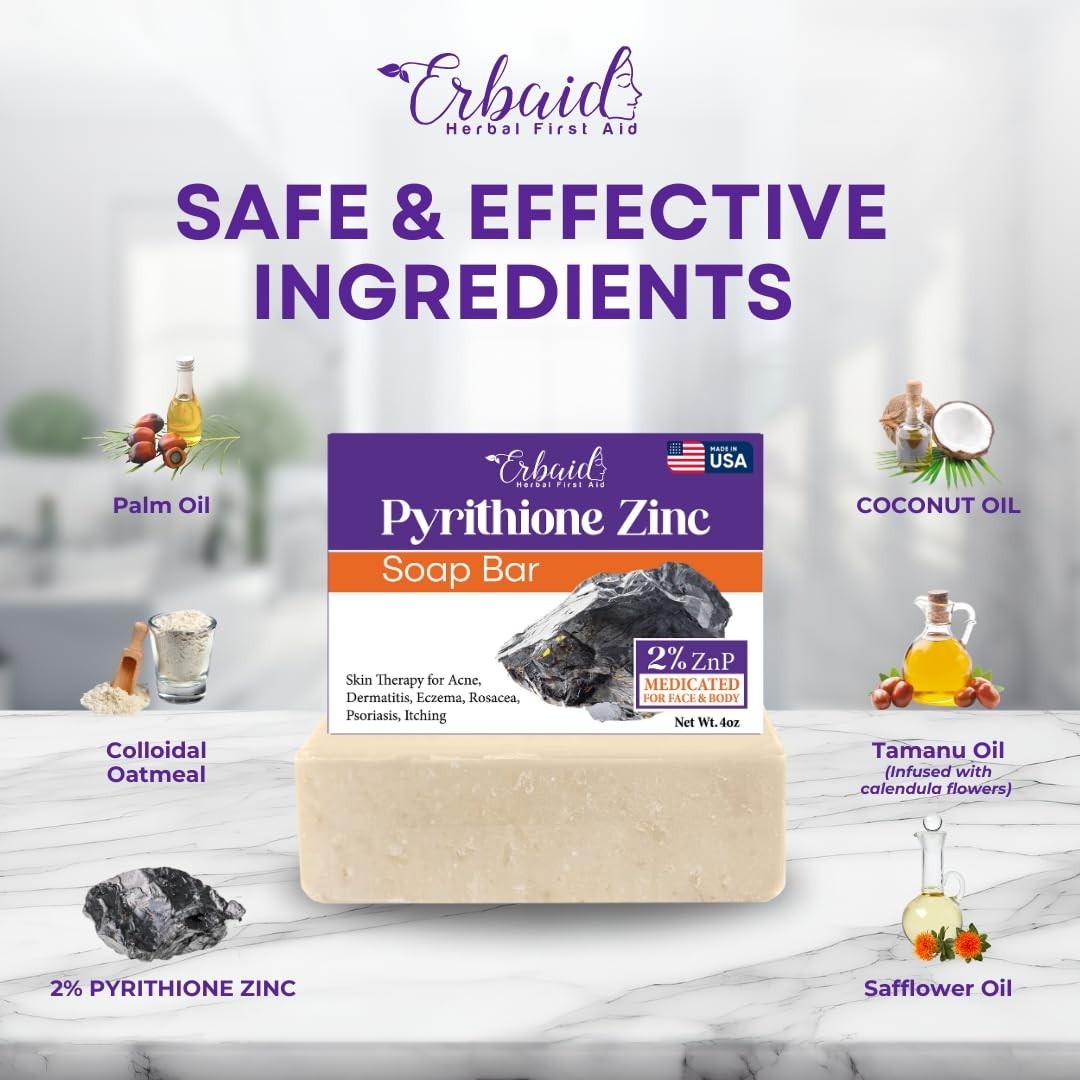 Pyrithione Zinc Soap Bar for Face & Body, 4oz | 2% ZnP Bar Soap Skin Repair Clea