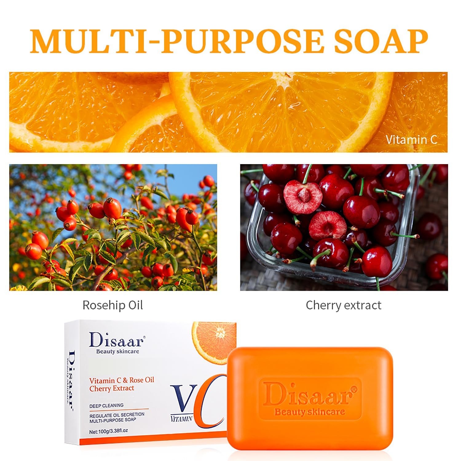 DISAAR Beauty Rose Oil Vitamin C Cherry Extract Soap Reduse Wrinkles 100g