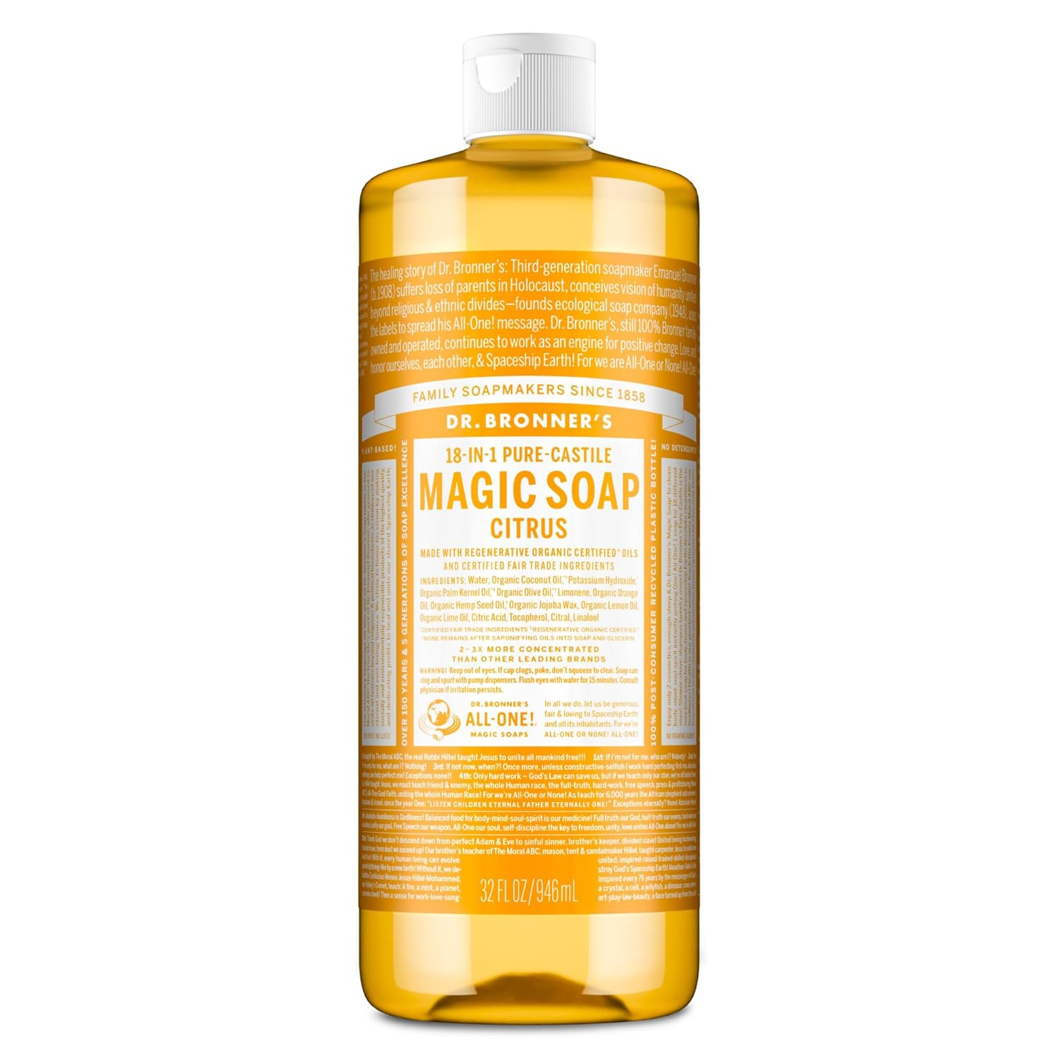 Dr. Bronner’s Citrus Pure-Castile Soap 32oz 2-Pack – 18 Uses, Vegan, Organic