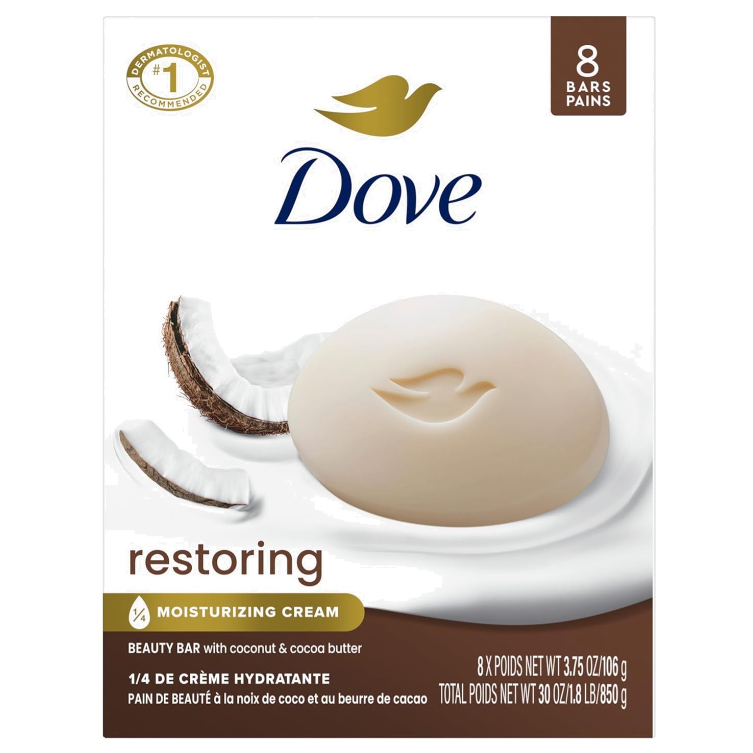 Dove Beauty Bar Soap Restoring Coconut & Cocoa Butter, 8 Bars for Restored Sk…
