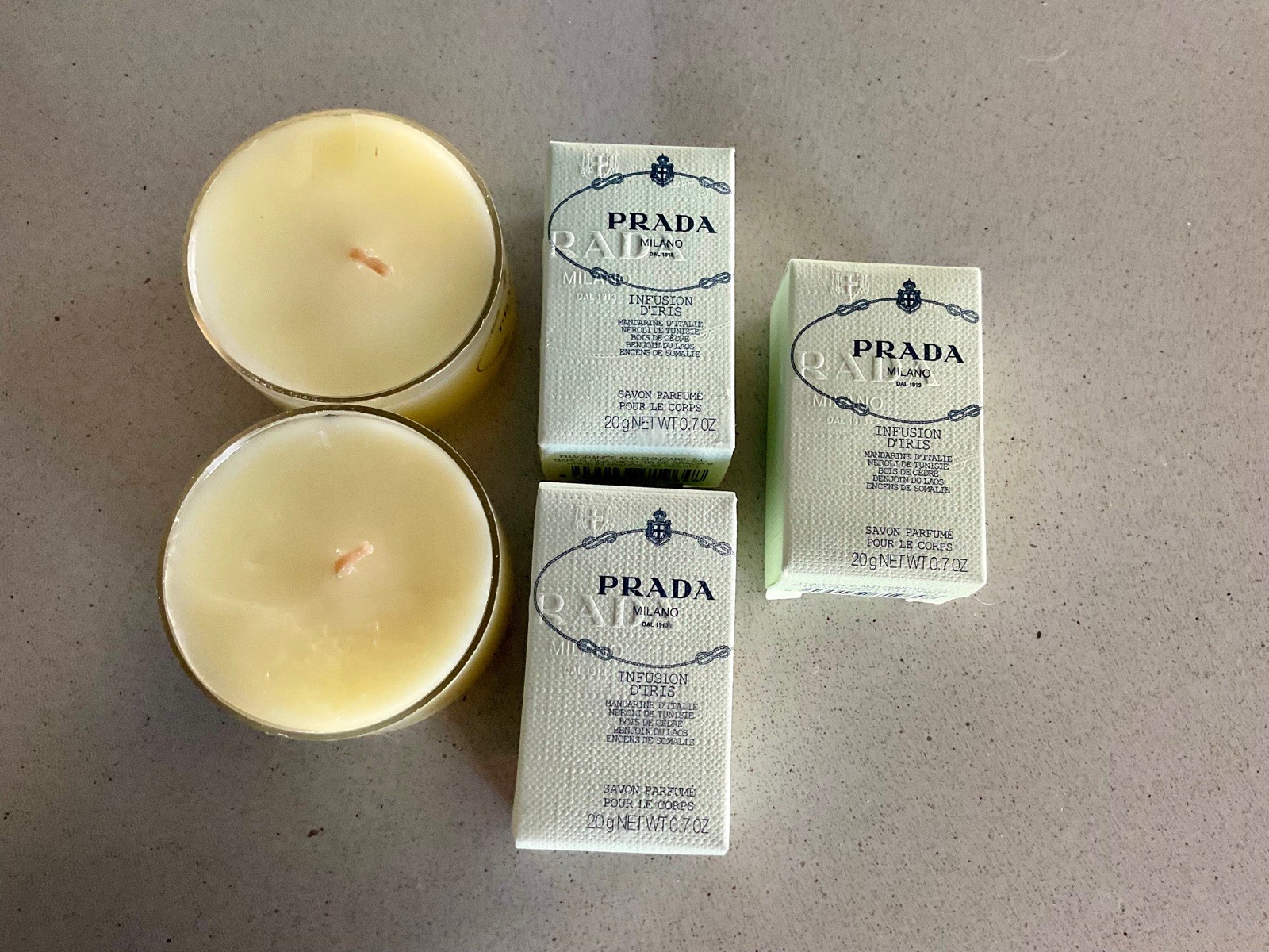 PRADA MILANO INFUSION D’IRIS TRAVEL PERFUMED SOAP X3 & 2 FREE TEA LIGHT CANDLES
