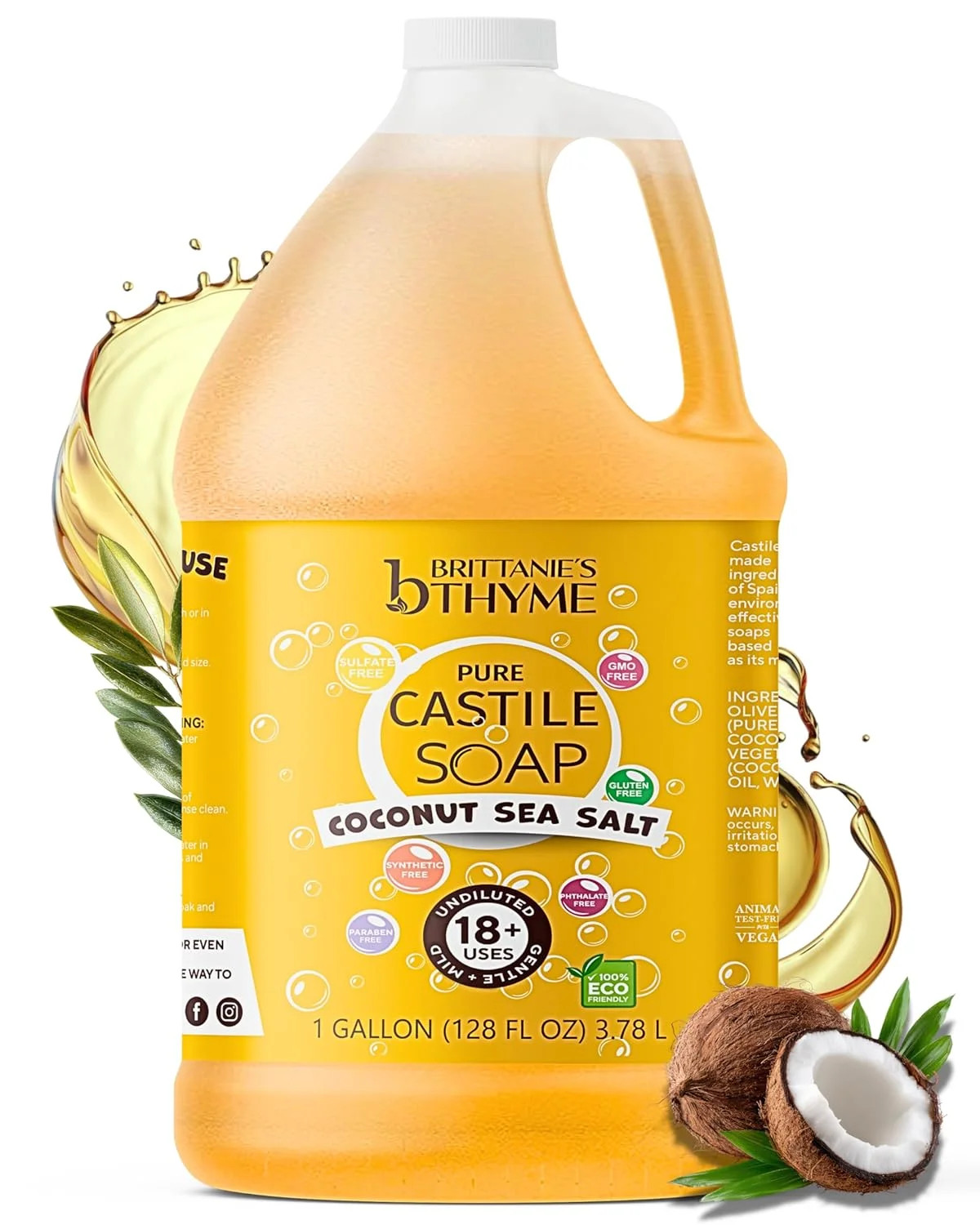 Brittanie’s Thyme Pure Castile Soap – Coconut Sea Salt, 1 Gallon (128 oz) – Natu