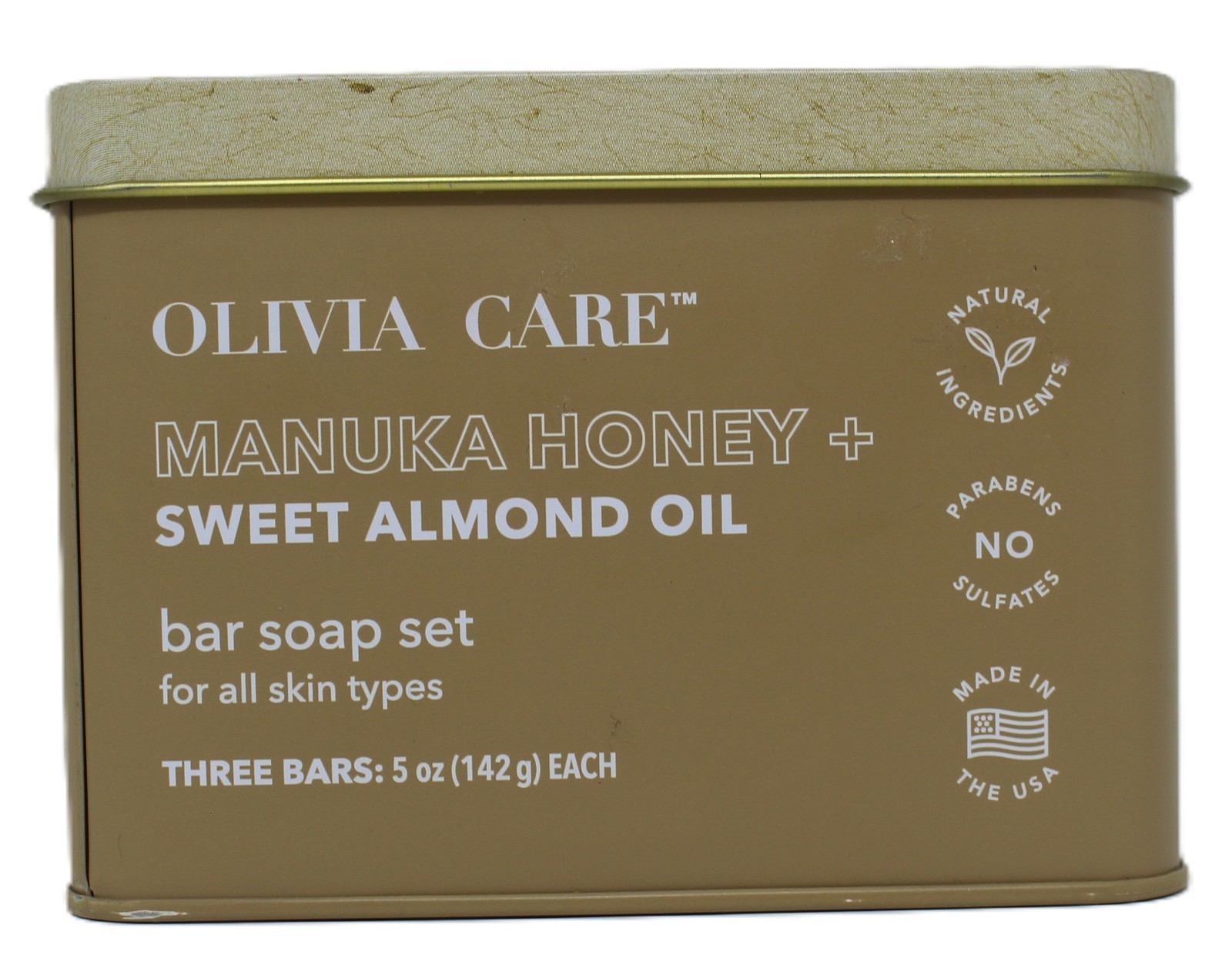 Olivia Care Soap Manuka Honey & Sweet Almond Oil 5 oz Set of 3 Bars New in Tin