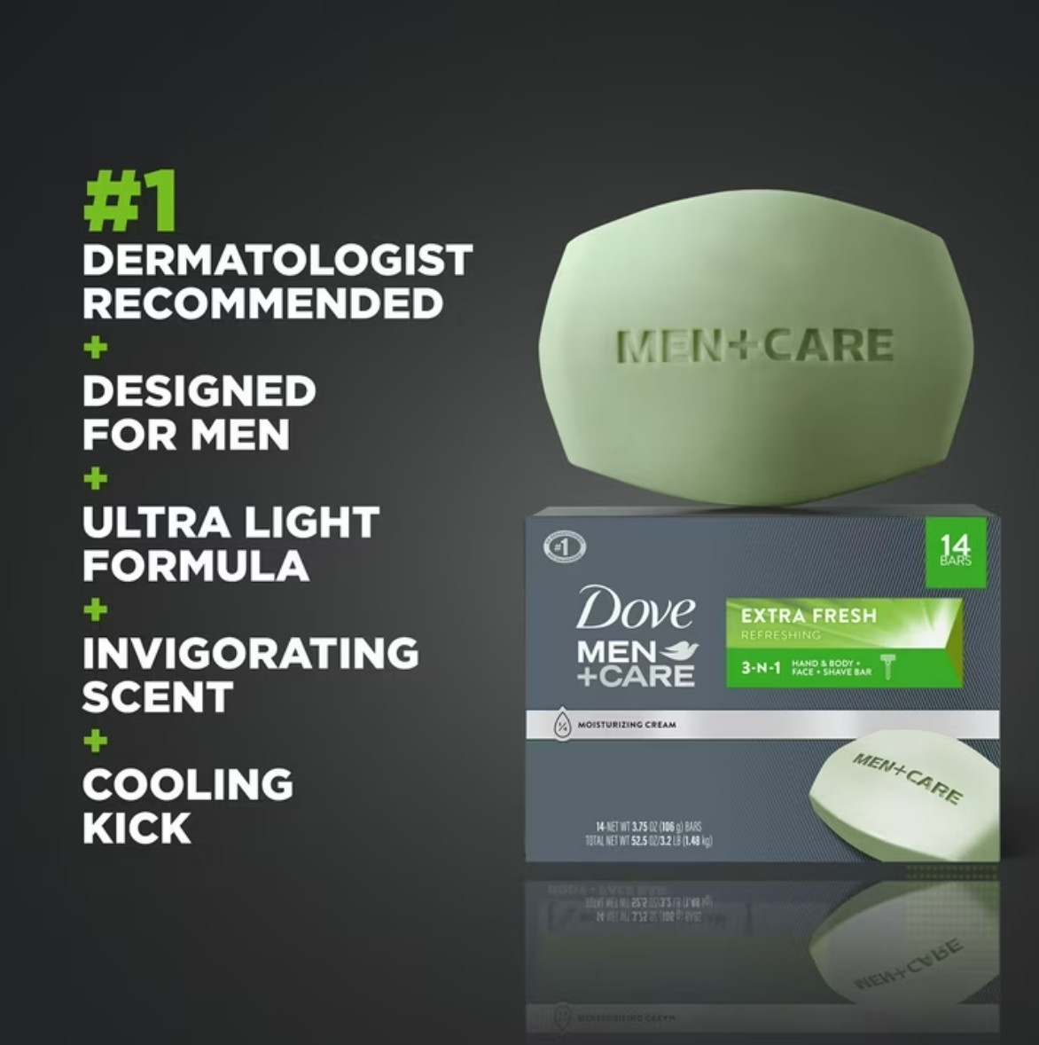 Dove Men Care Extra Fresh Bar Soap 14 Bars 3-in-1 Body Face Shave Hydrating Clea