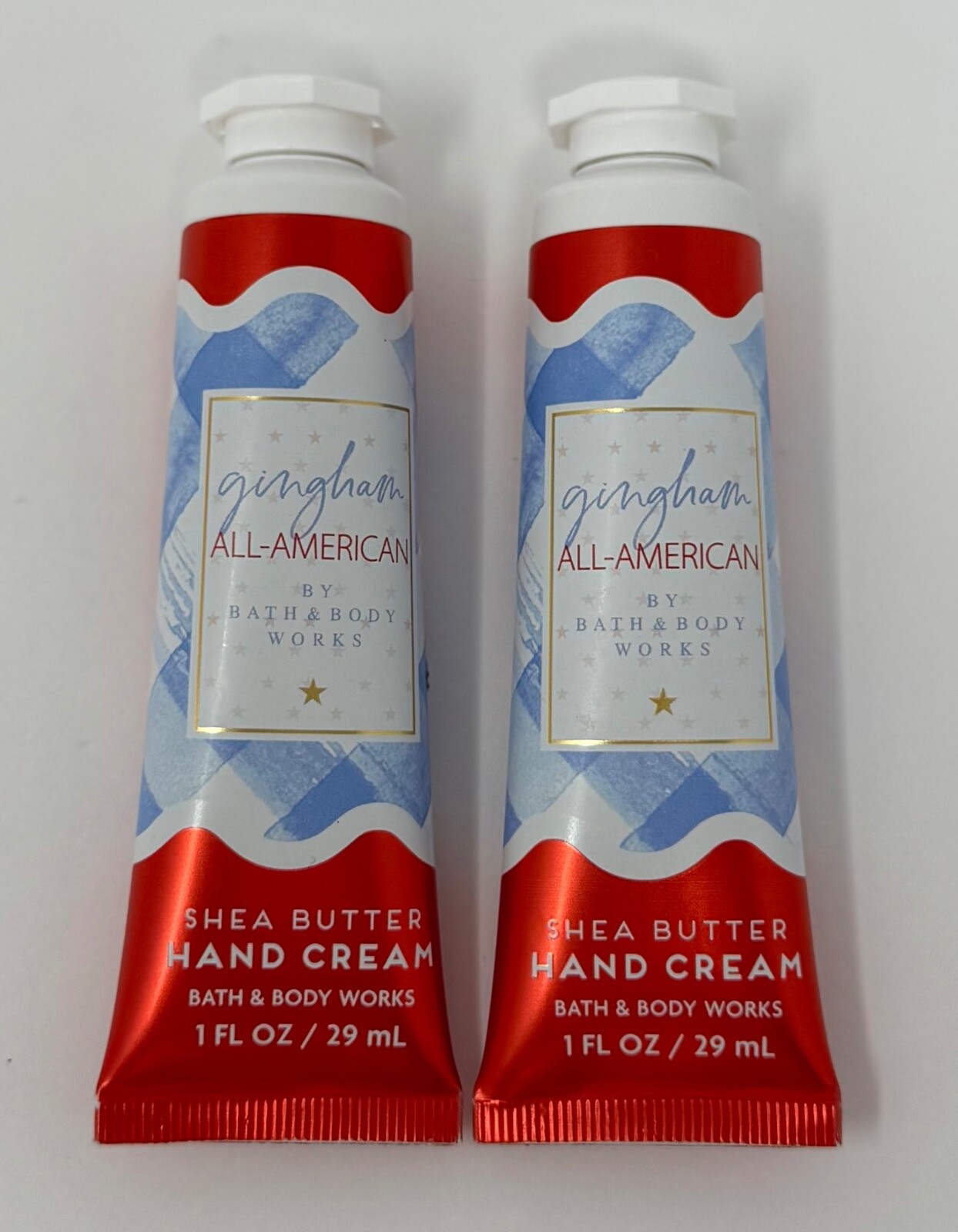 2 NEW BATH & BODY WORKS GINGHAM ALL AMERICAN HAND CREAM LOTION TRAVEL 1OZ SHEA