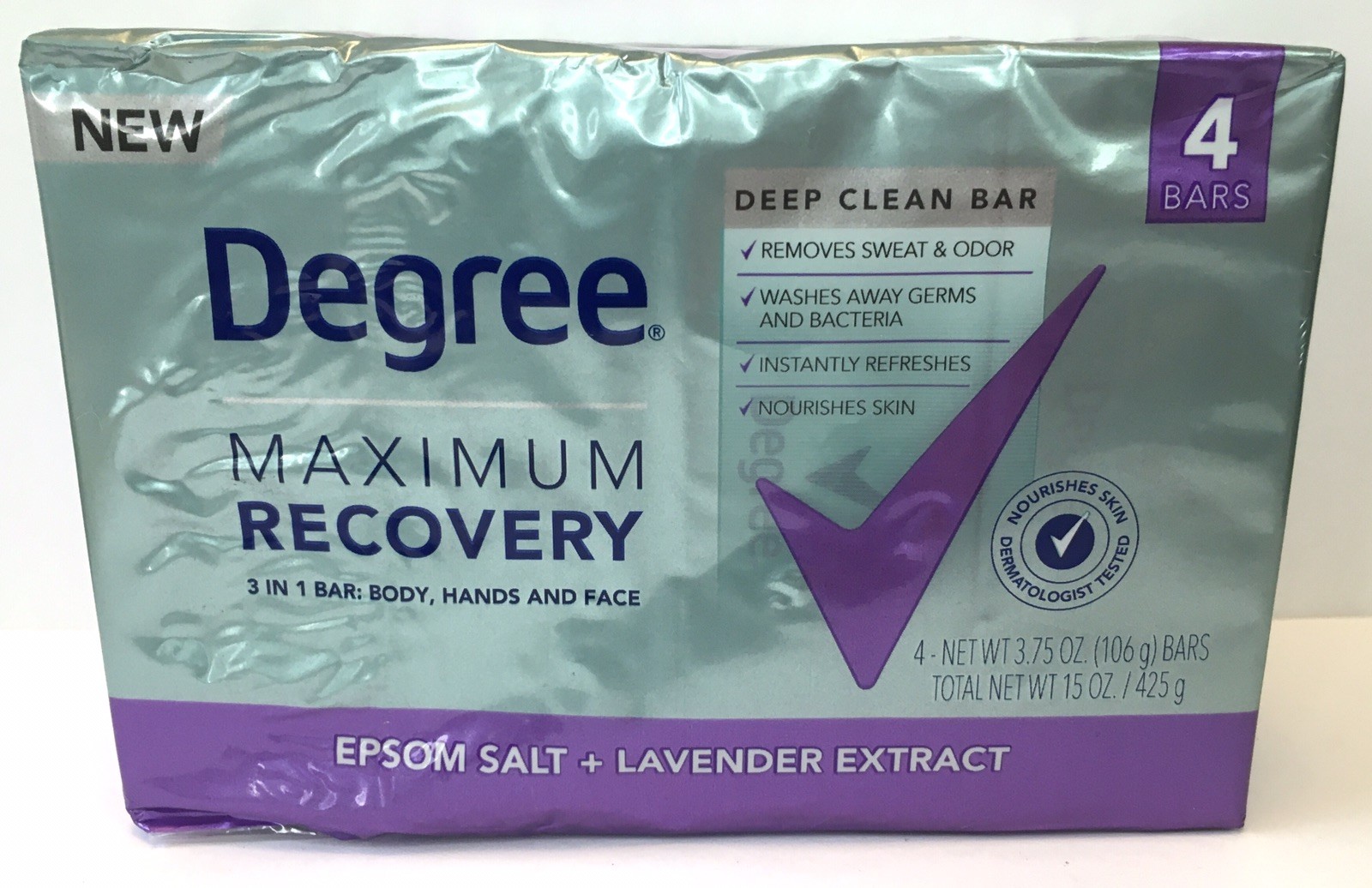 4 Bars Degree Maximum Recovery 3-in-1 Soap Bar Epsom Salt + Lavender 3.75 oz Max