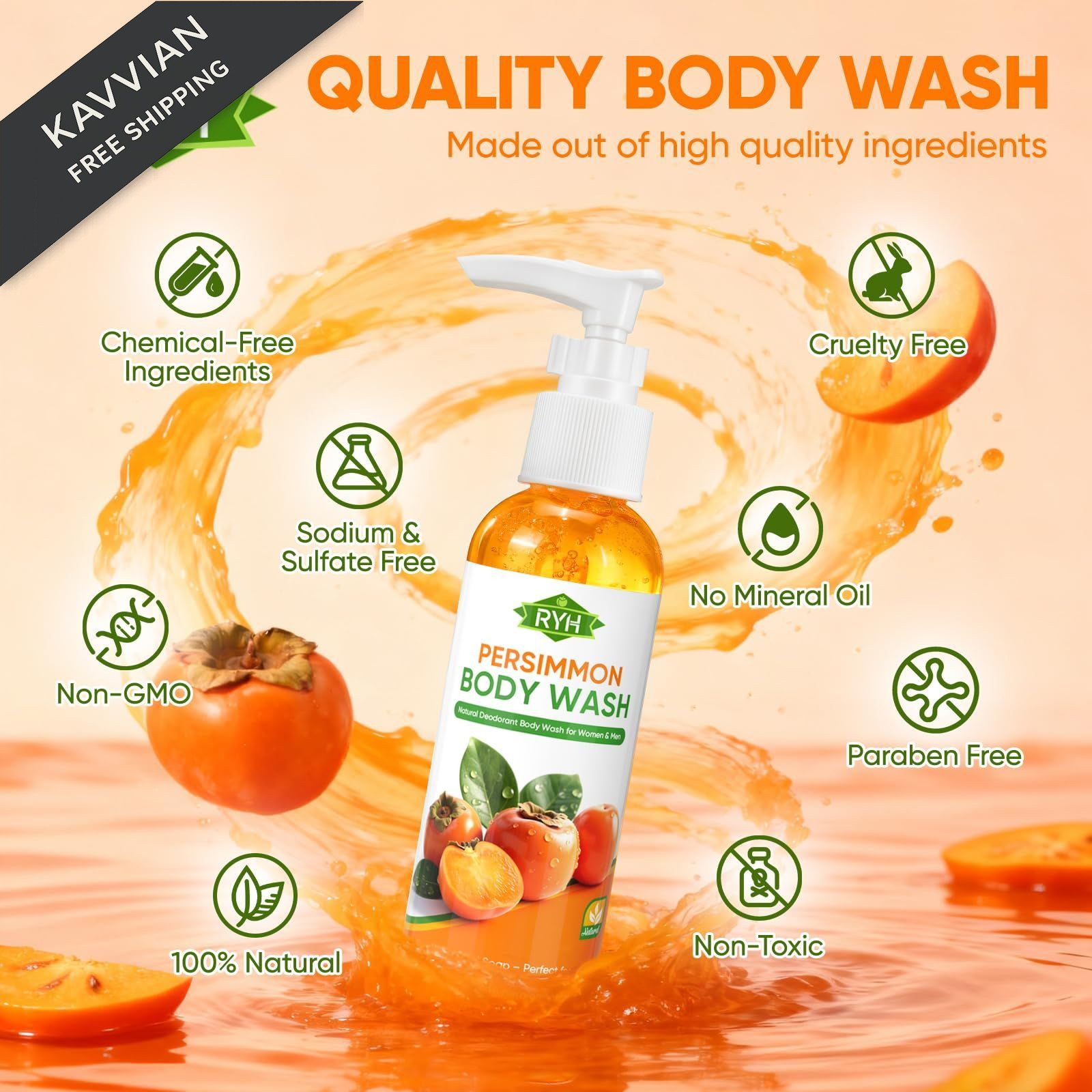 RYH Persimmon Body Wash for Odor Control – Natural 1 Count (Pack of 1)