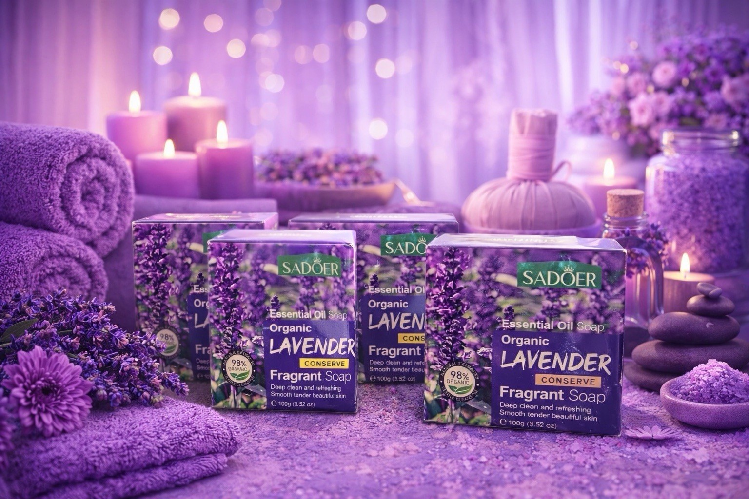 4 pk SADOER Organic Lavender Soap Bar Hydrating Floral Scent 100g Body Face
