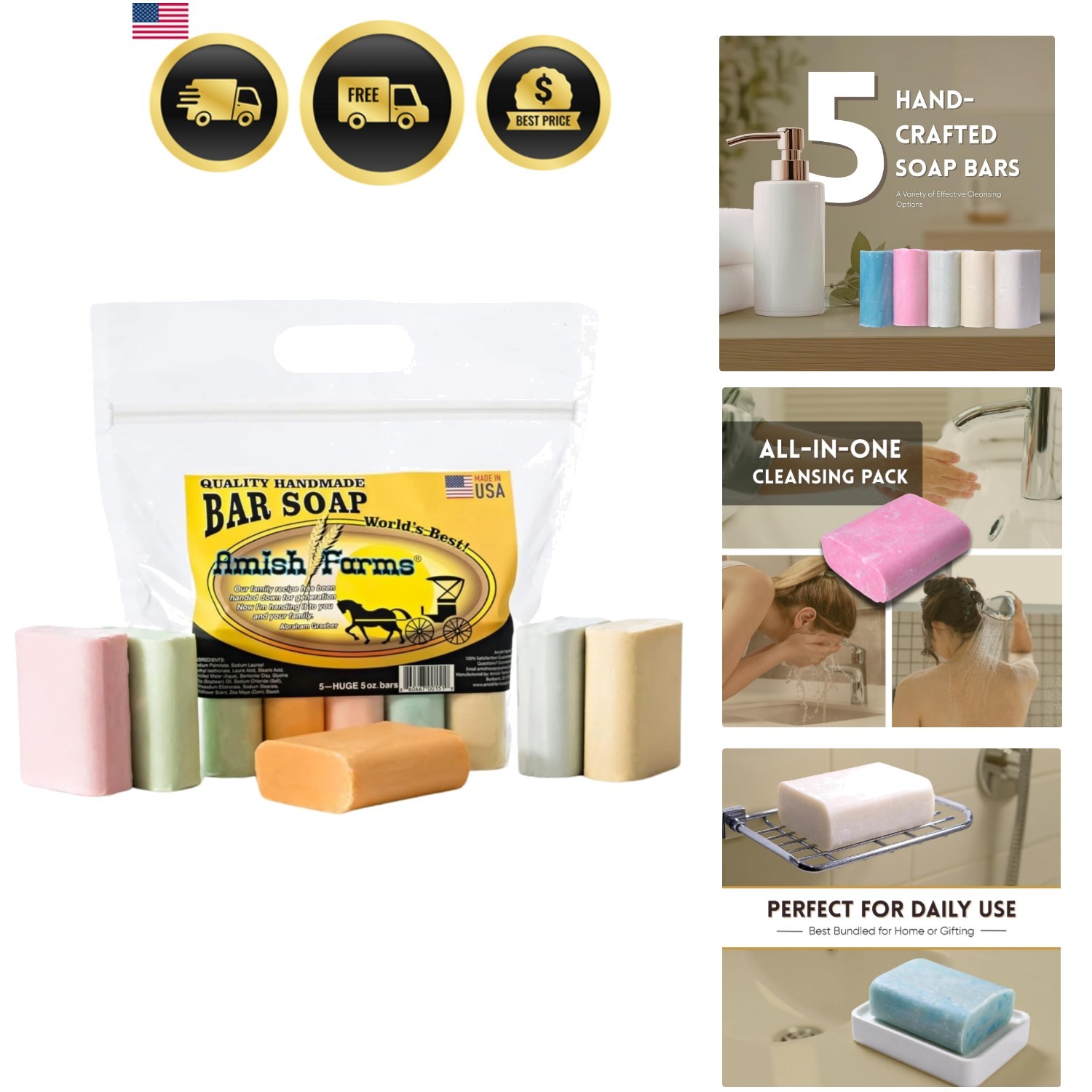 Natural Bar Soap Variety Pack, Moisturizing Soap Bars – 5 Bars