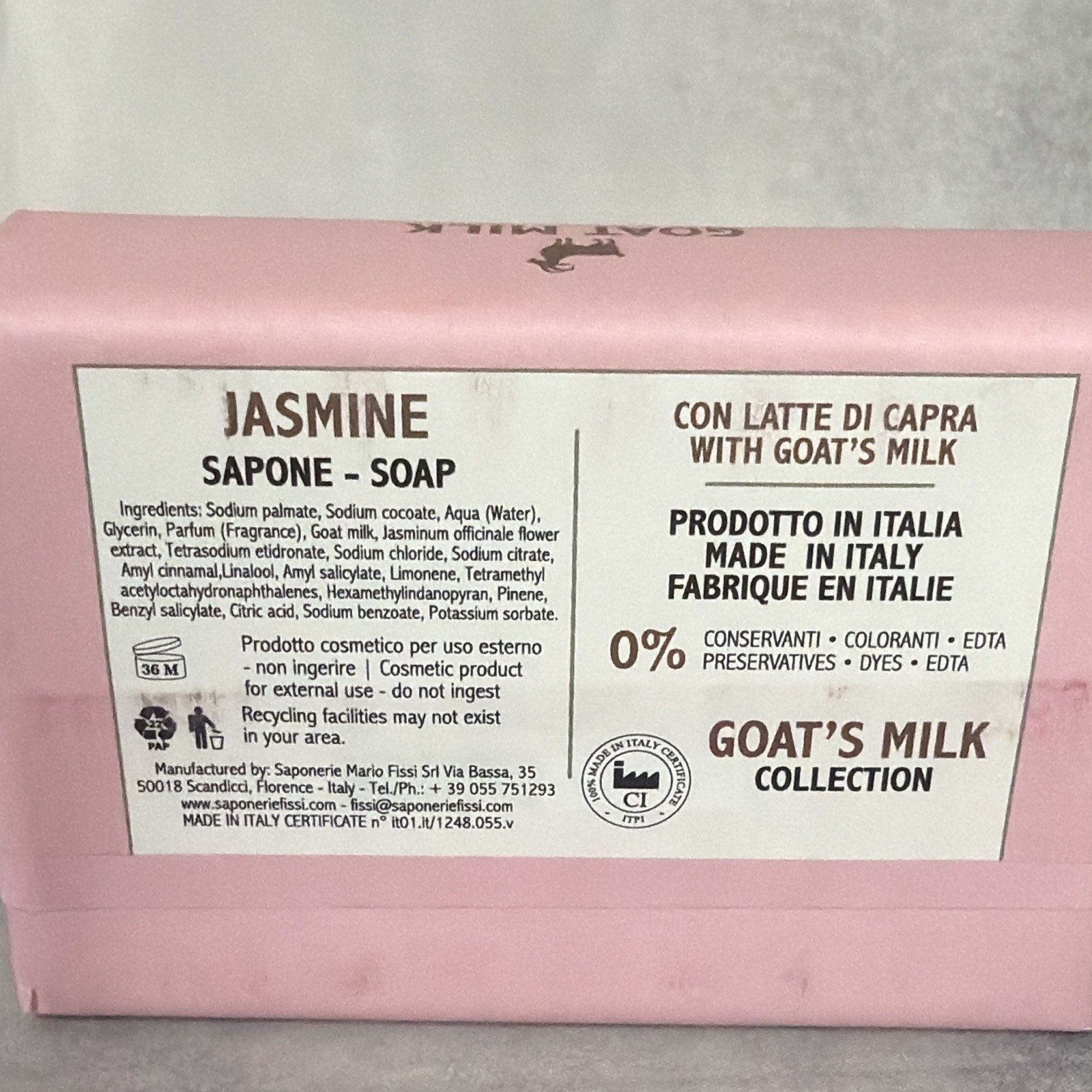 Goat Milk Jasmine Milled Bar Soap 8.8 oz for Body & Hands Made in Italy