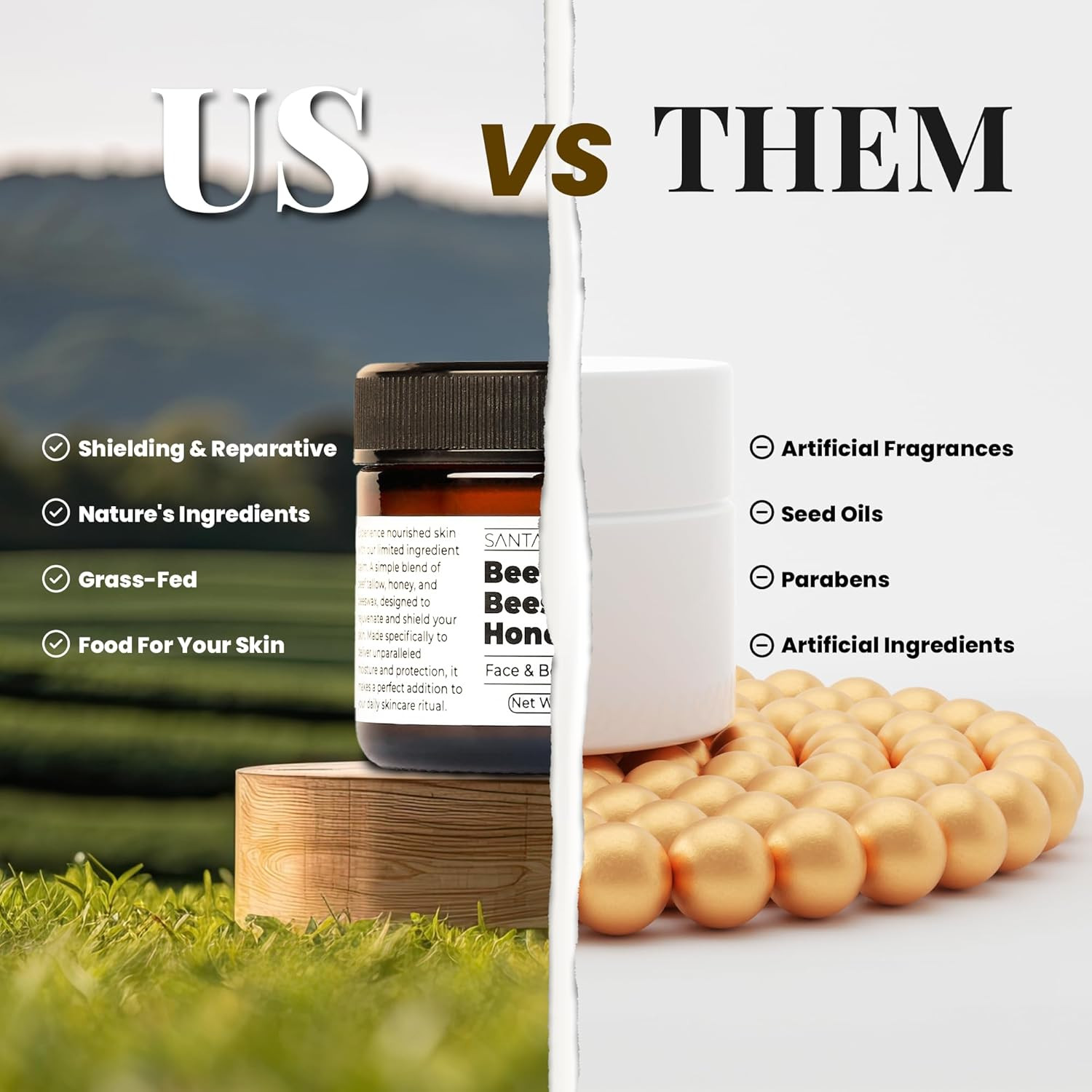 , Beef Tallow, Beeswax & Honey Face Moisturizer, Organic, Unscented Grassfed Bee