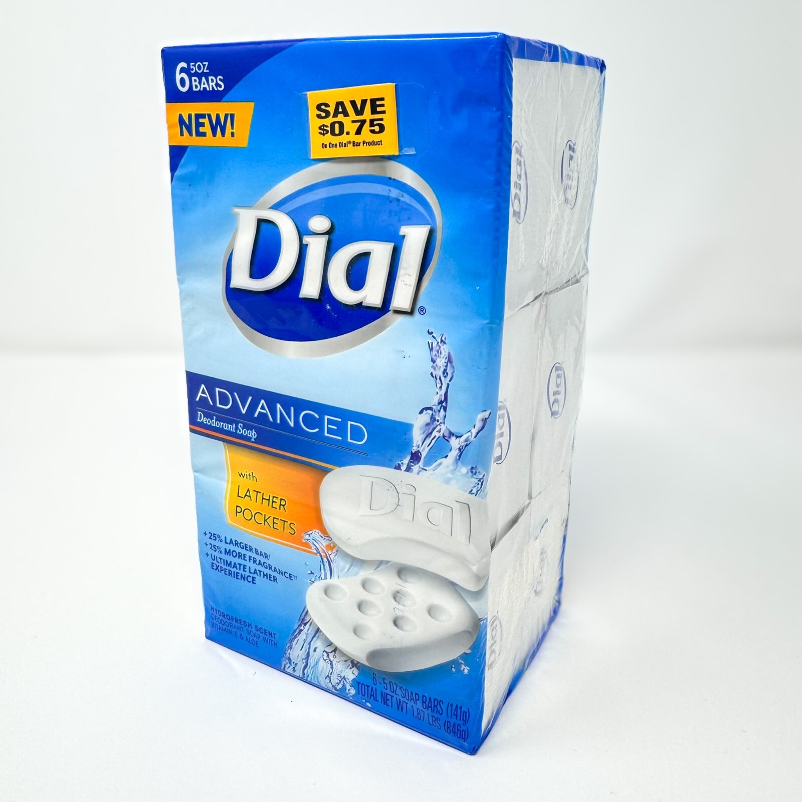 1 pack of 6 Dial Advanced Deodorant Soap Hydrofresh Scent w/ Lather Pockets 5oz