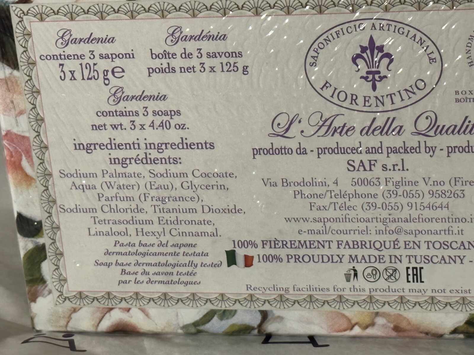 SAPONIFICIO ARTIGIANALE FIORENTINO *GARDENIA * 3 x 4.40oz Handmade Tuscan Soap