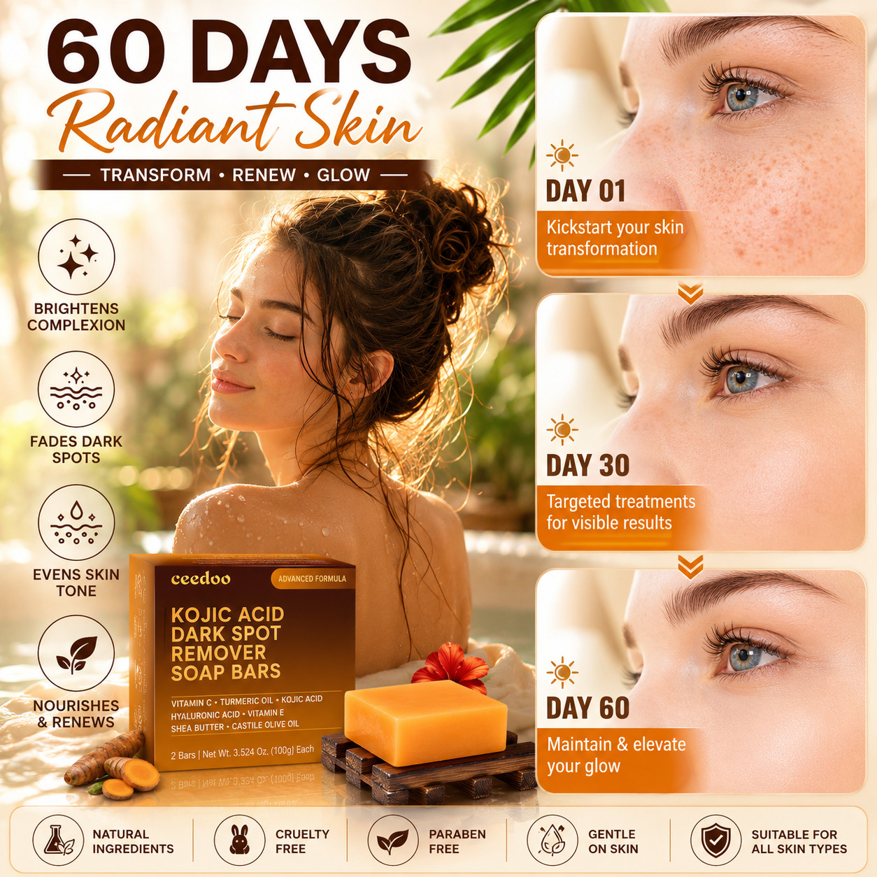 Kojic Acid Soap with Turmeric & Vitamin C 2 Pack + Soap Holder & Mesh Bag