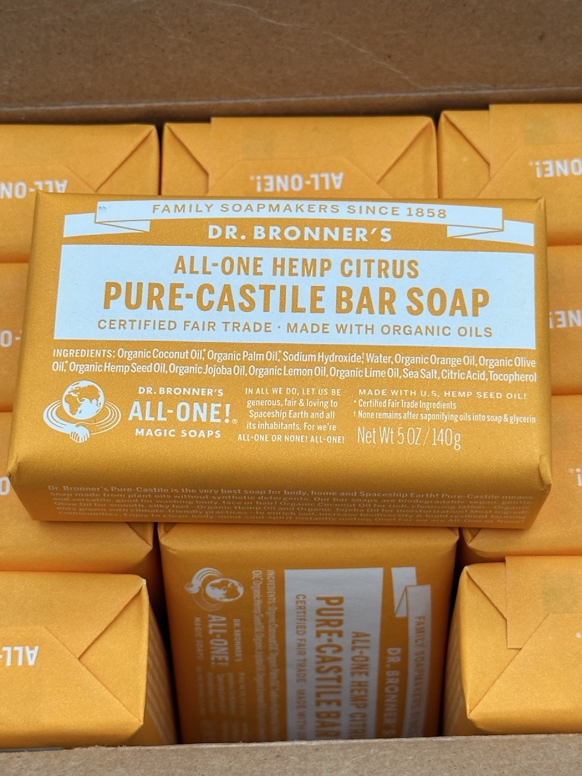 Dr Bronner’s All-One Hemp Citrus Pure Castile Bar Soap Organic 12 Pack 5oz Bars