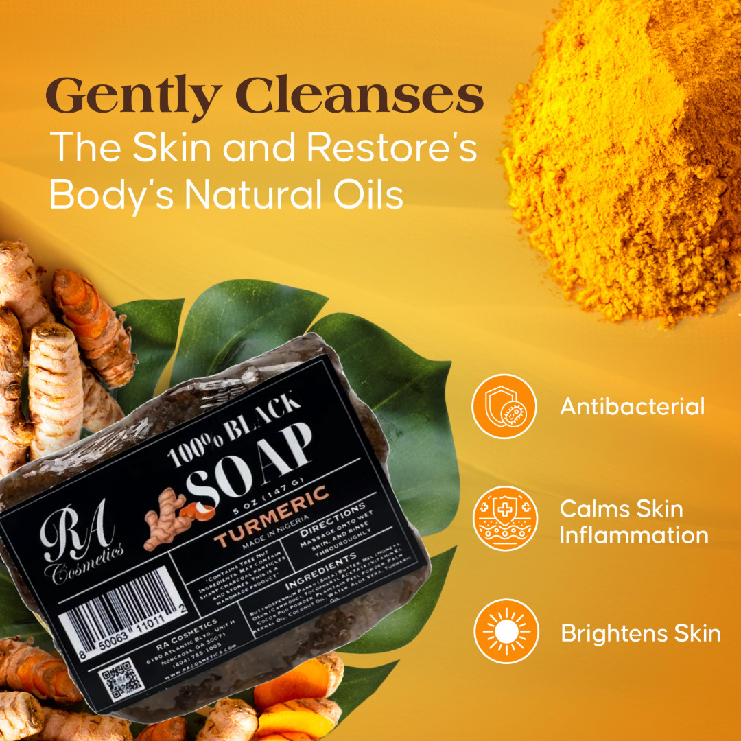 RA Cosmetics 100% Pure Raw African Black Soap With Turmeric Oil – 5oz