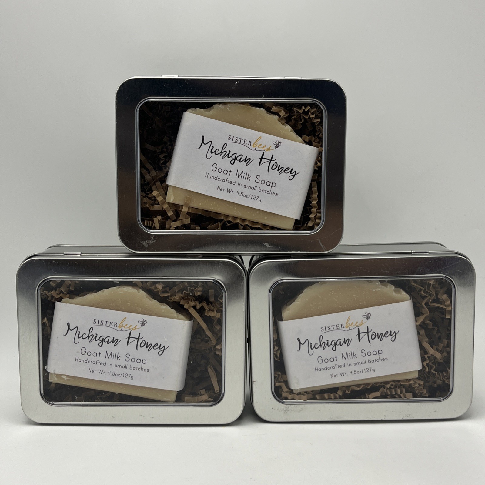 Lot of 3 Sister Bees Michigan Honey Goat Milk Soap 4.5oz Handcrafted Bars Tins
