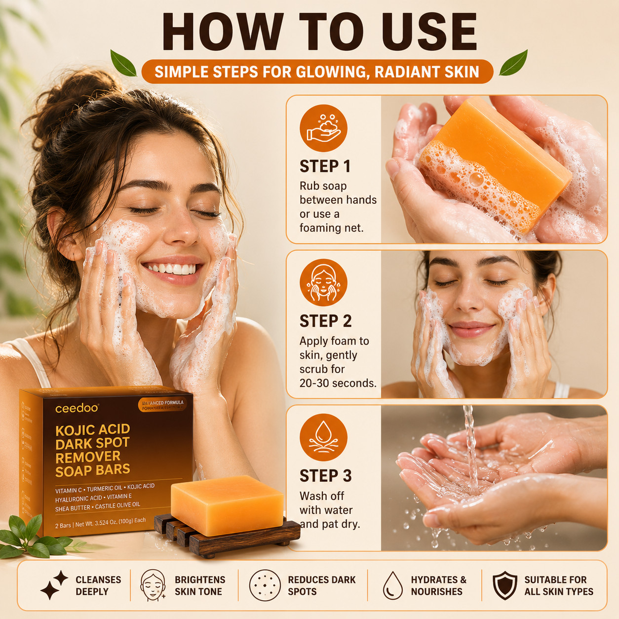 Kojic Acid Soap with Turmeric & Vitamin C 2 Pack + Soap Holder & Mesh Bag